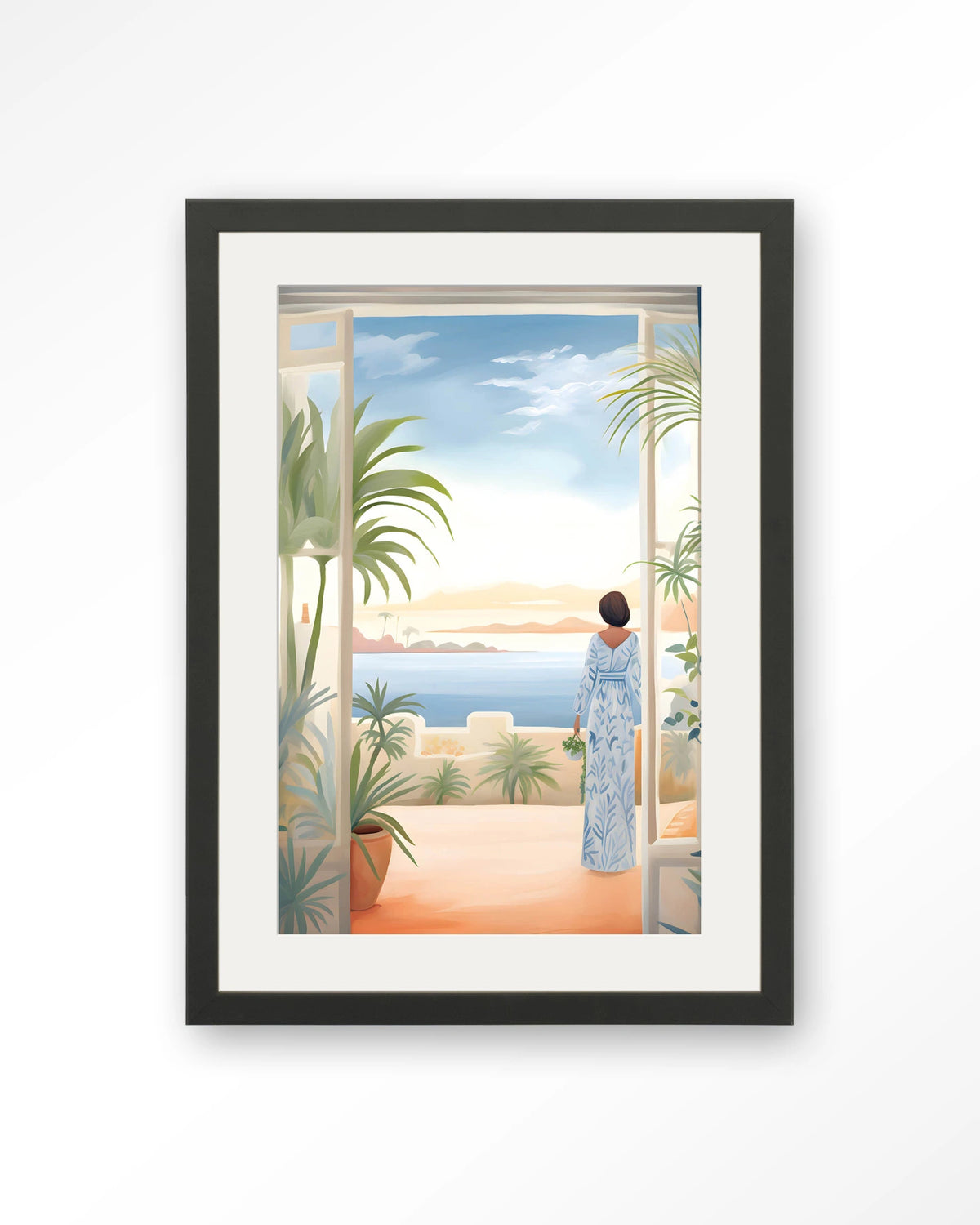 Florine – vrouw met zeezicht en planten – Art print – Hout zwart + passe-partout