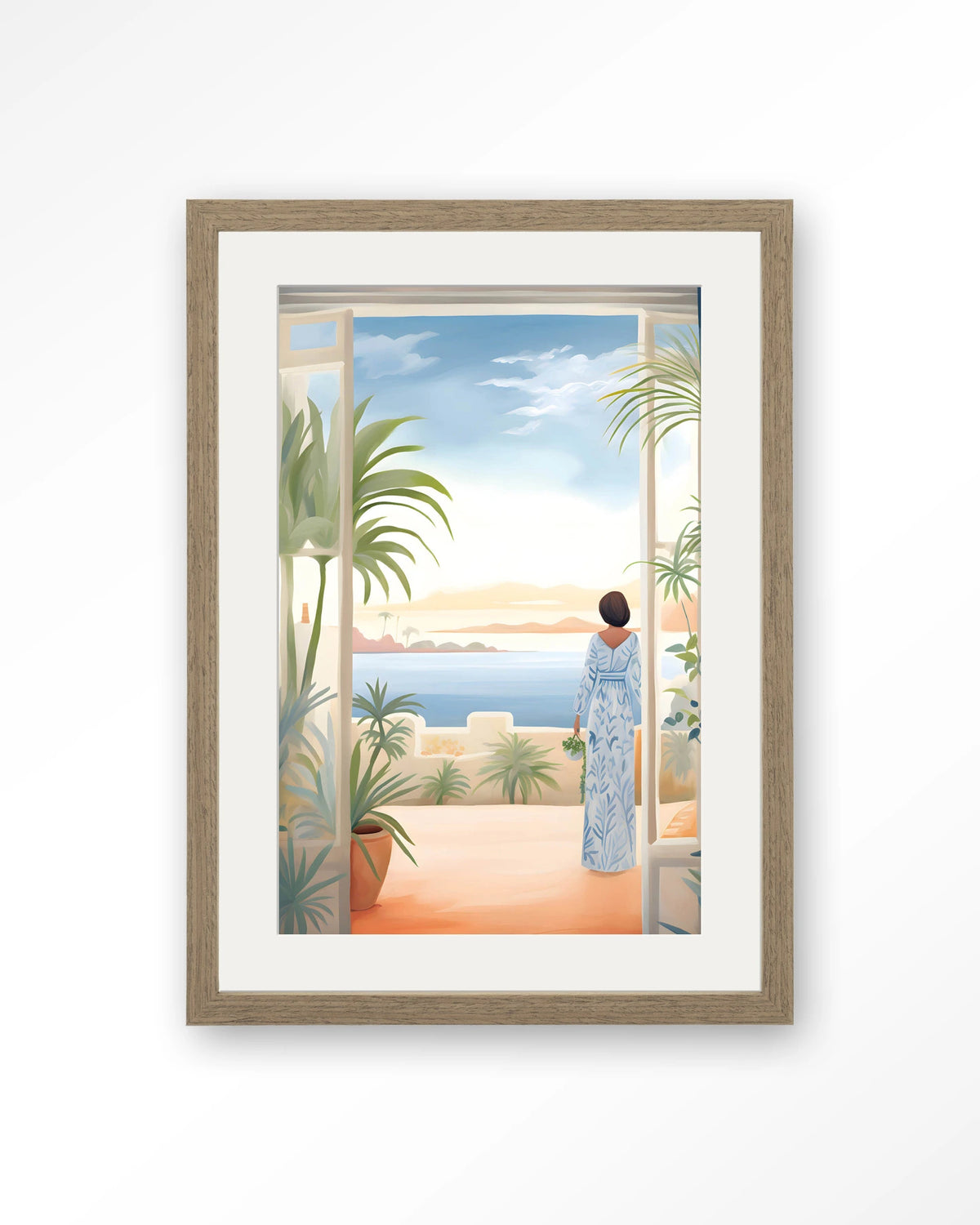 Florine – vrouw met zeezicht en planten – Art print – Hout bruin + passe-partout
