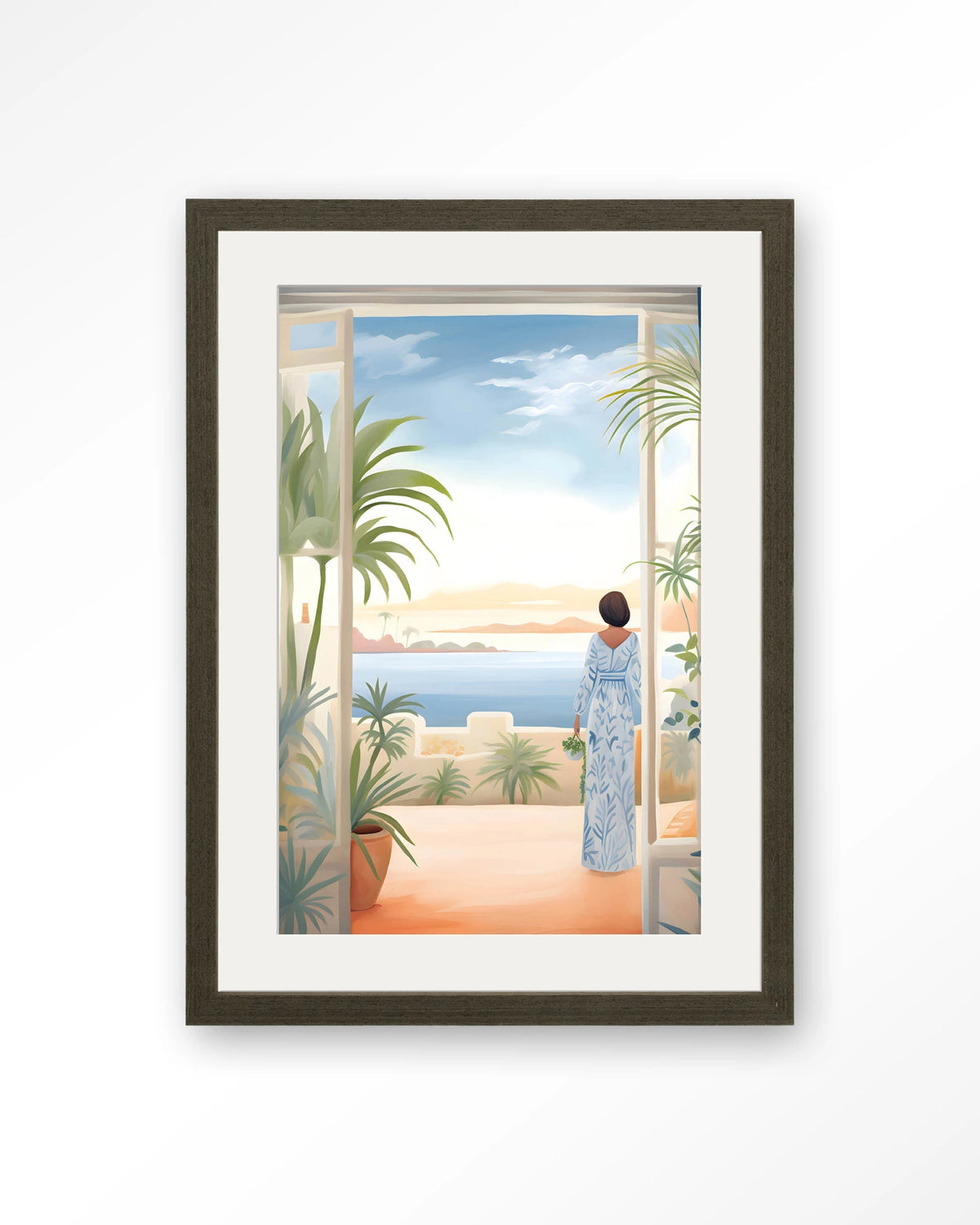 Florine – vrouw met zeezicht en planten – Art print – Hout donkerbruin + passe-partout