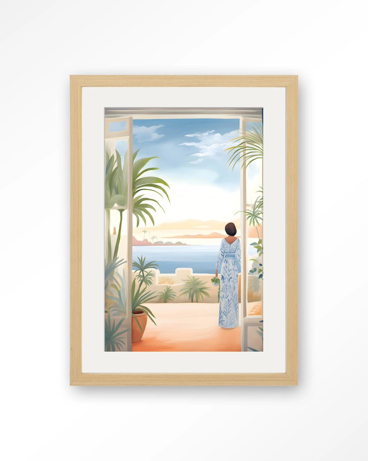Florine – vrouw met zeezicht en planten – Art print – Hout naturel + passe-partout