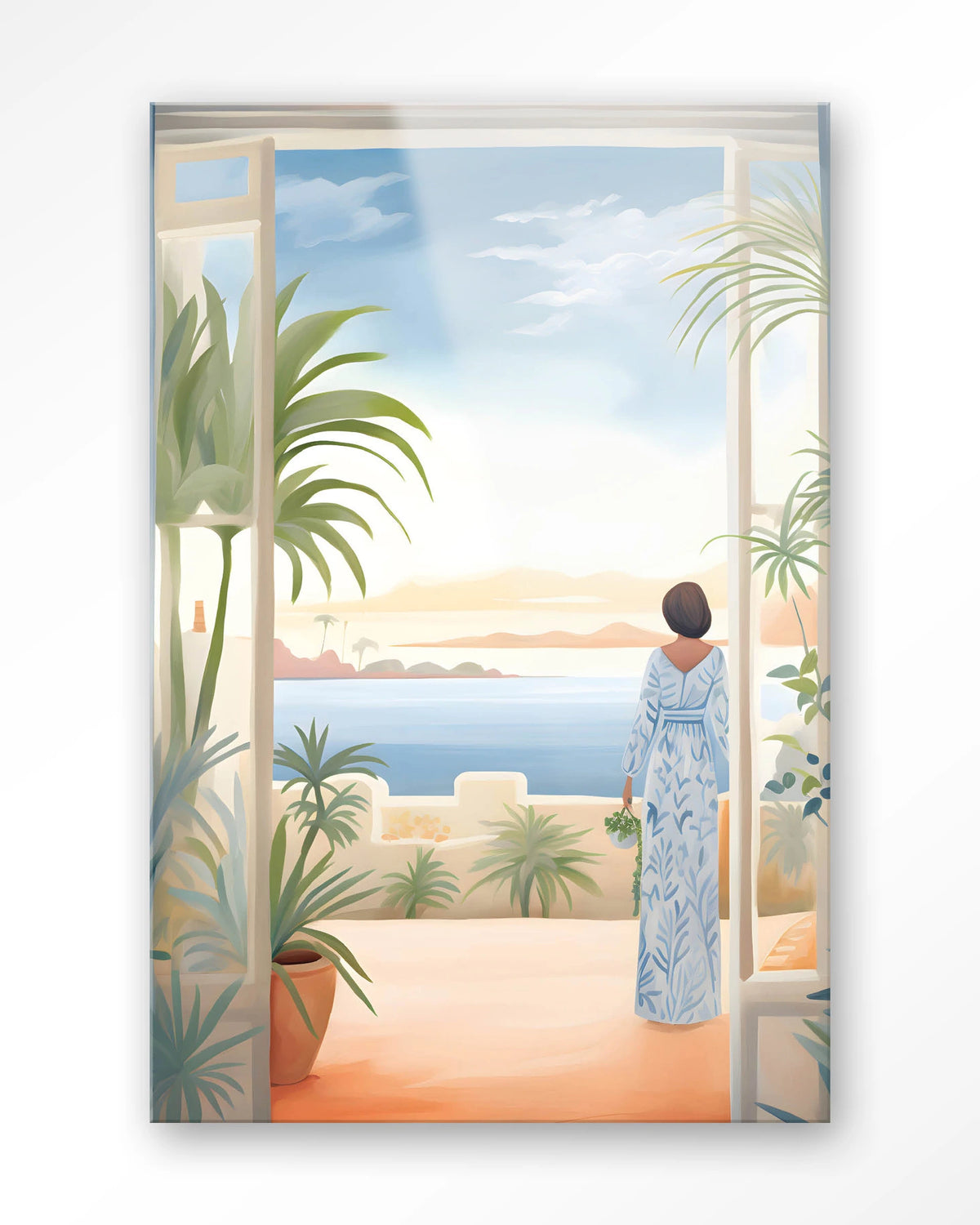 Florine – vrouw met zeezicht en planten – Glas – Blinde montage