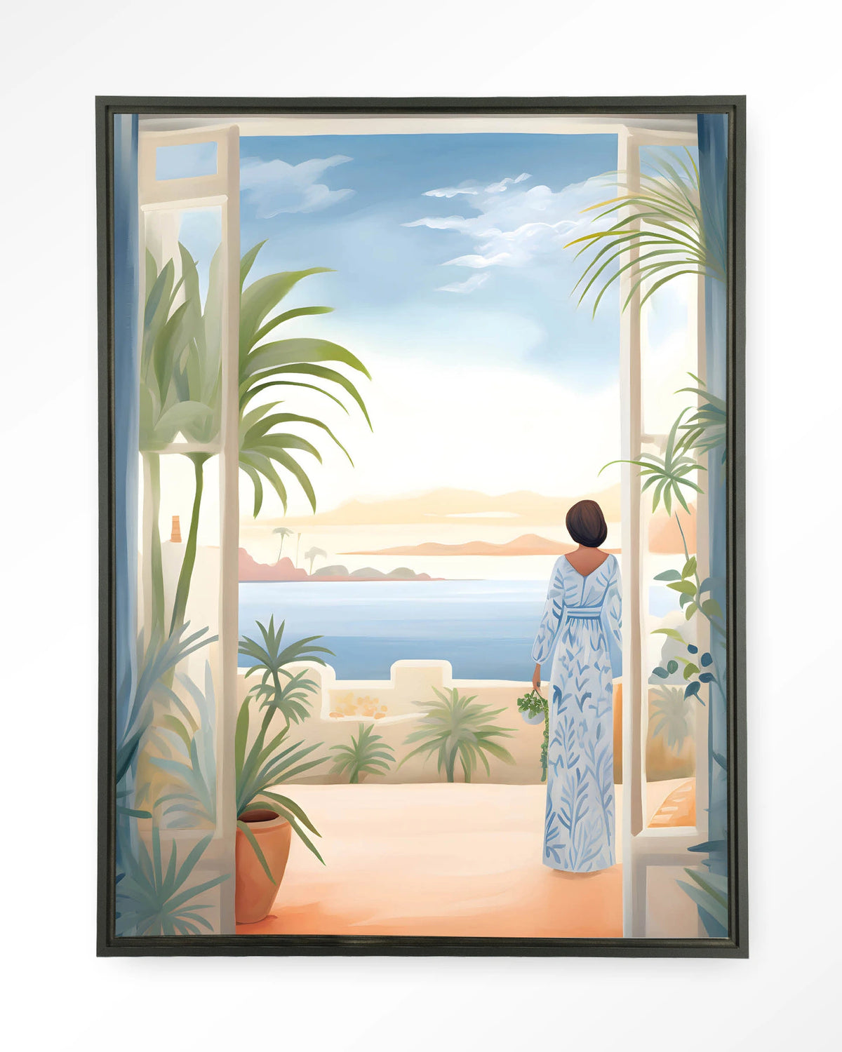 Florine – vrouw met zeezicht en planten – Wandkleed – Floating frame – zwart