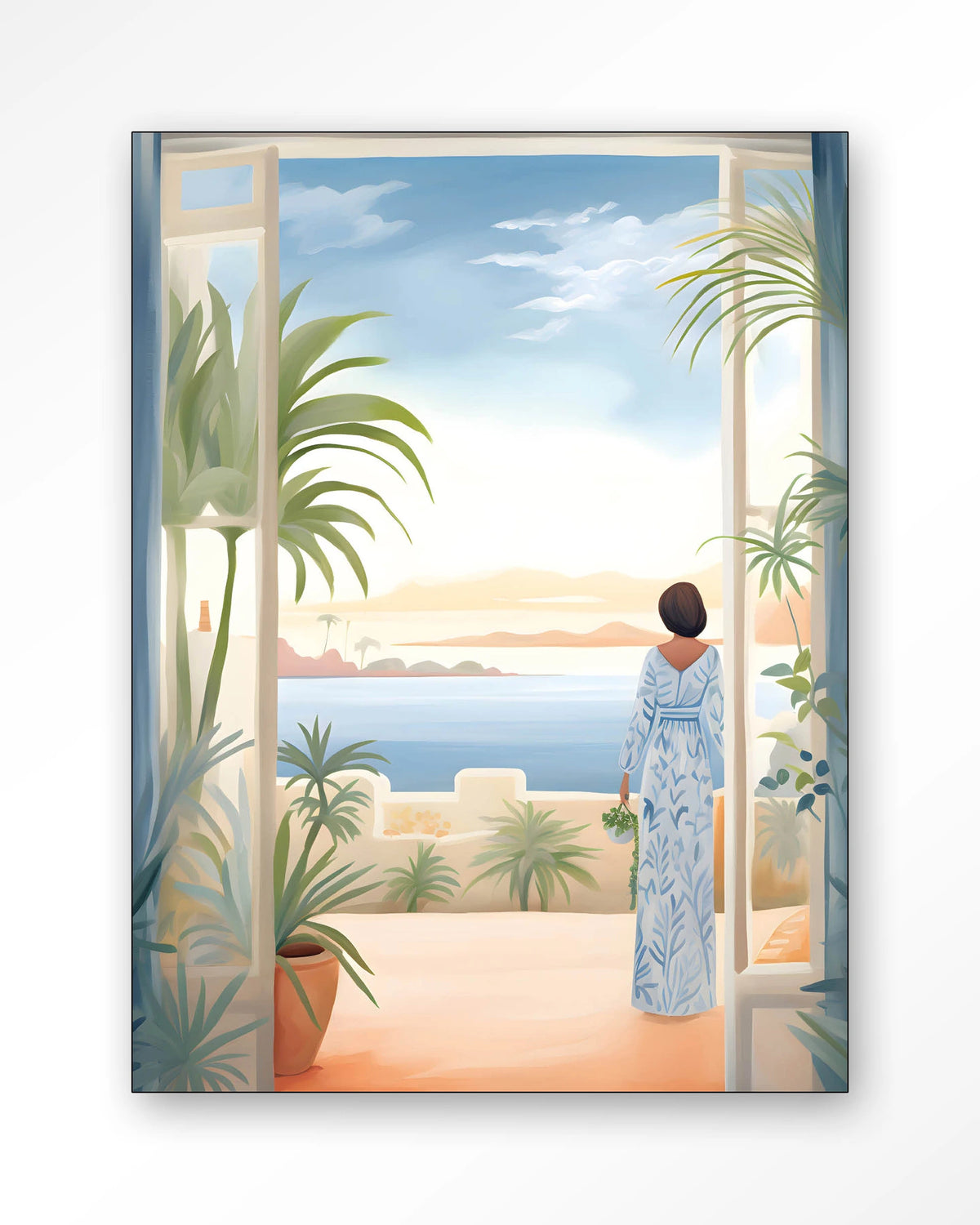 Florine – vrouw met zeezicht en planten – Wandkleed – Frame – zwart