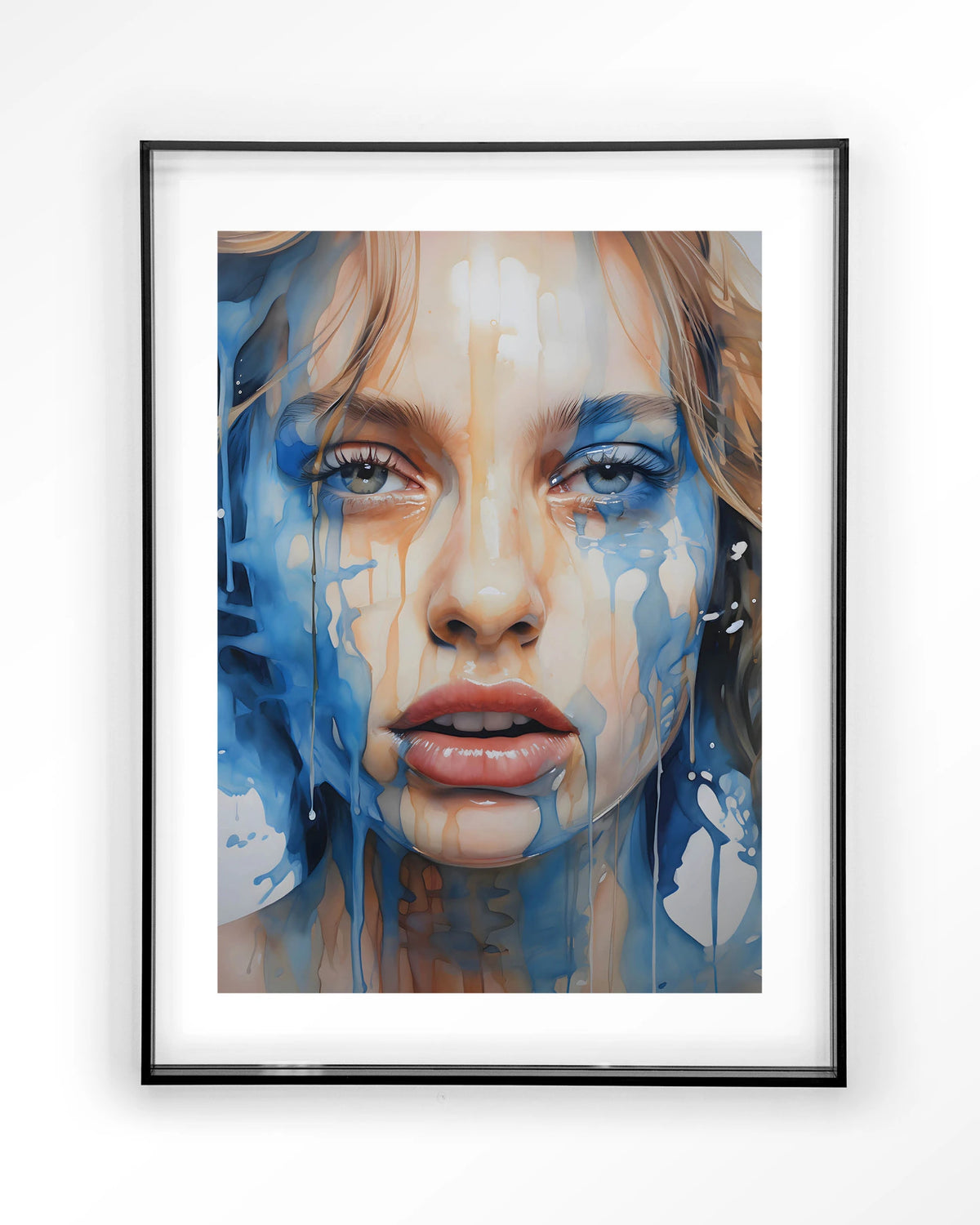 Aqua – portret van vrouw in blauwe verf – Art print – Acryl zwart