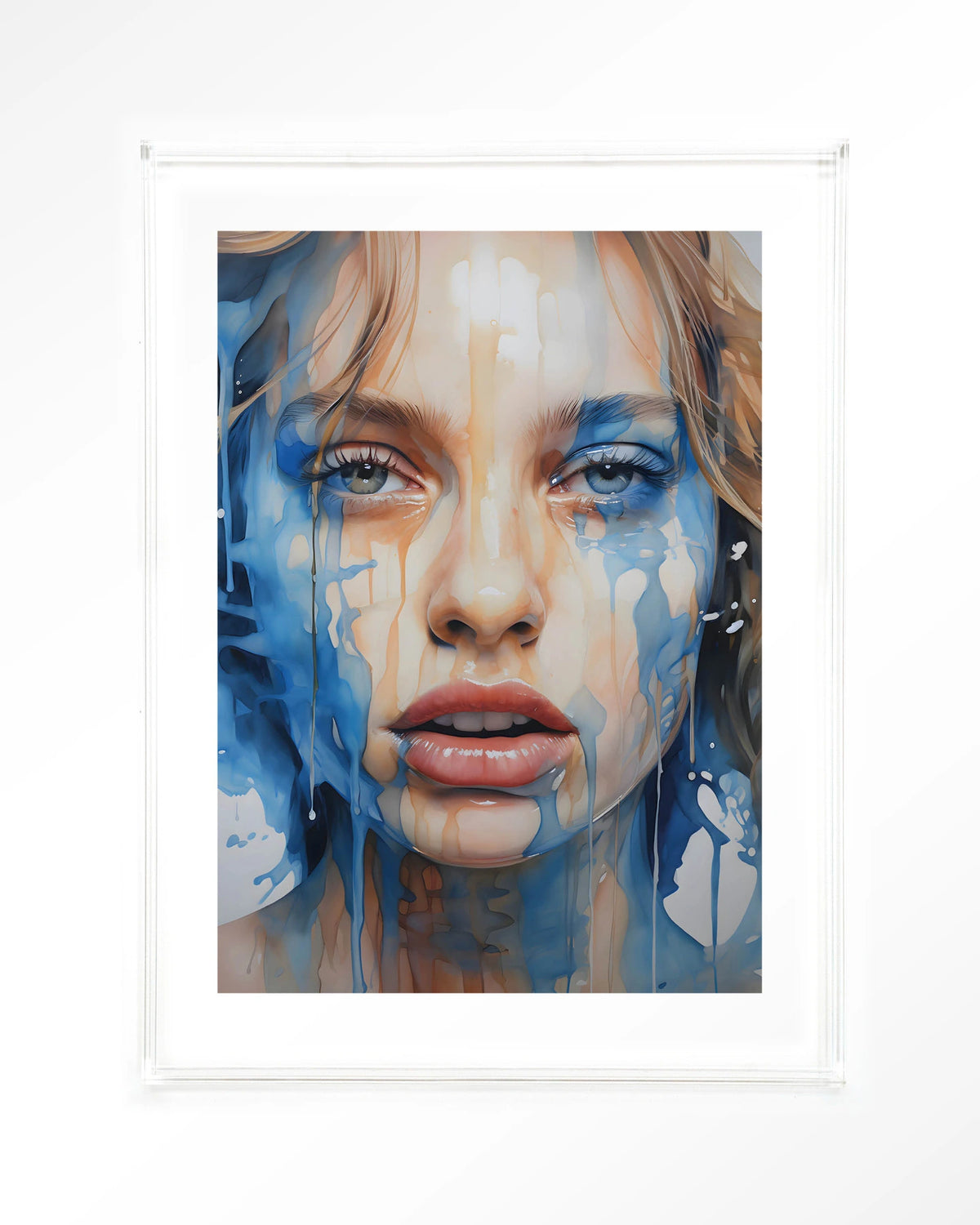 Aqua – portret van vrouw in blauwe verf – Art print – Acryl doorzichtig