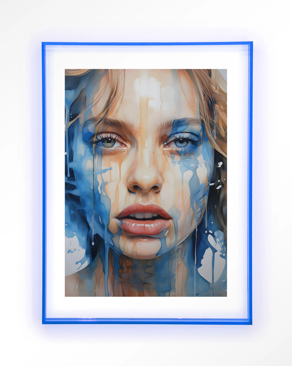 Aqua – portret van vrouw in blauwe verf – Art print – Acryl lichtblauw