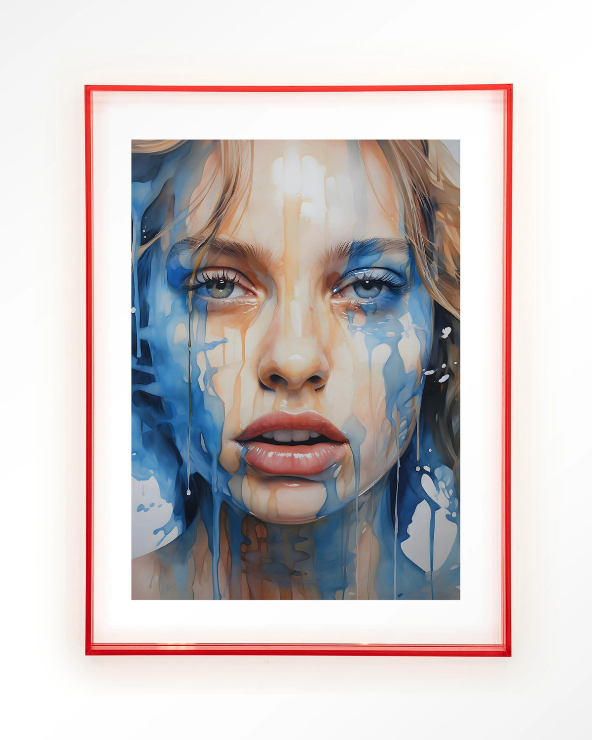 Aqua – portret van vrouw in blauwe verf – Art print – Acryl roze