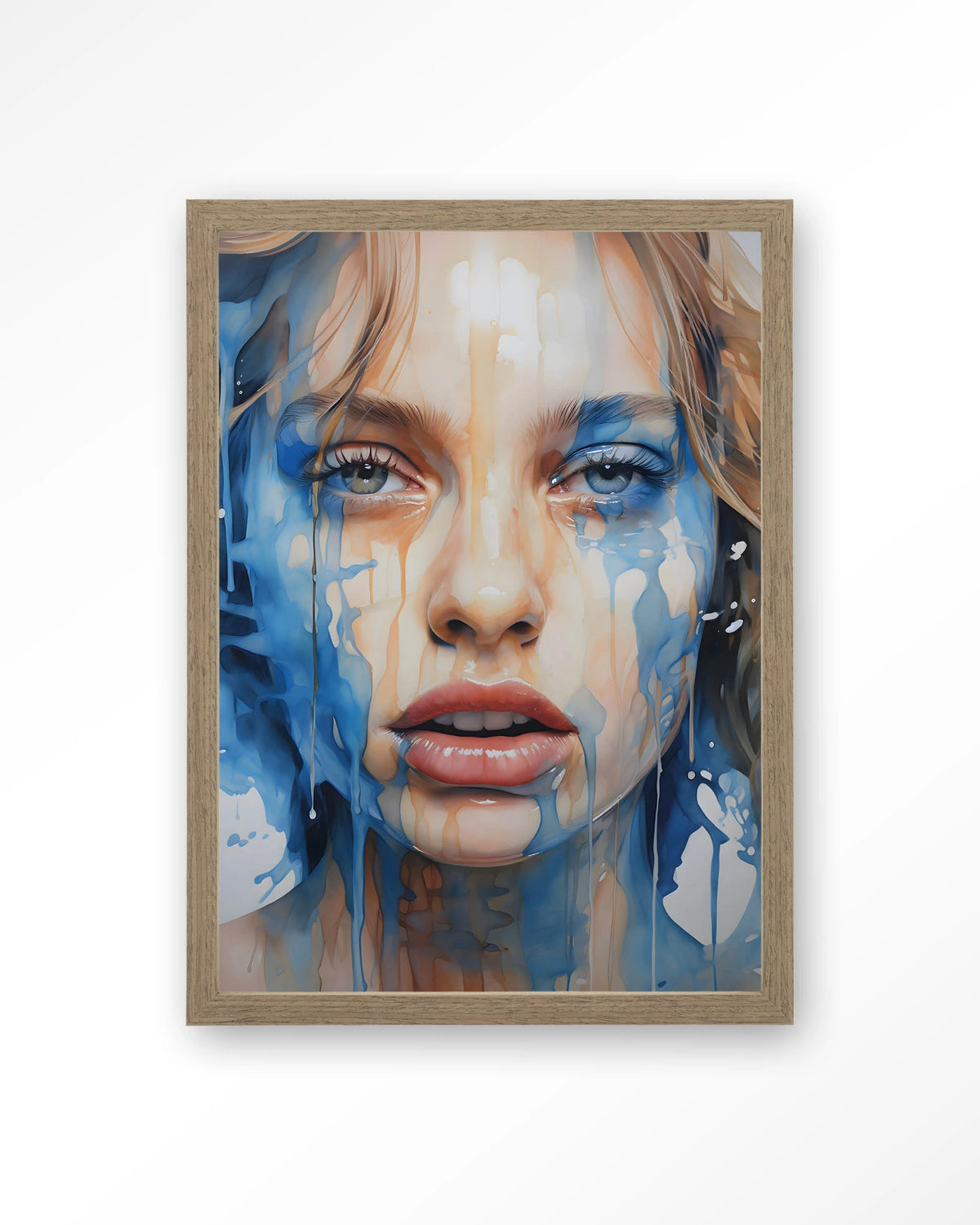 Aqua – portret van vrouw in blauwe verf – Art print – Hout bruin