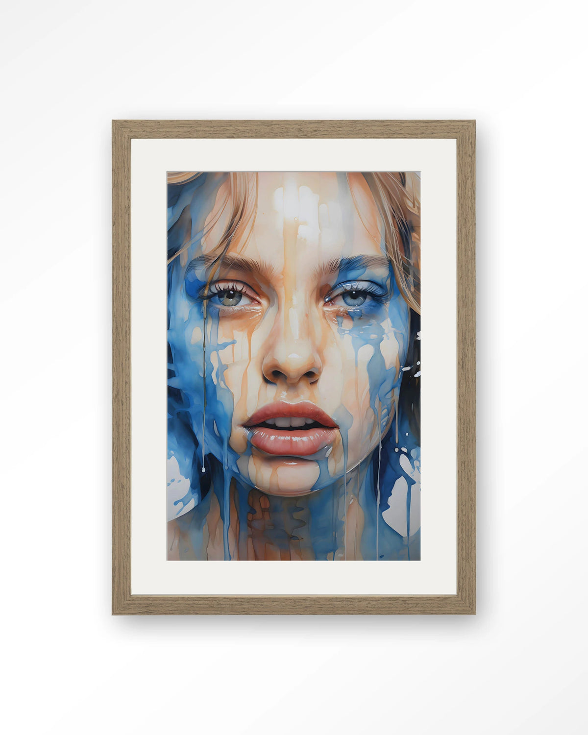 Aqua – portret van vrouw in blauwe verf – Art print – Hout bruin + passe-partout