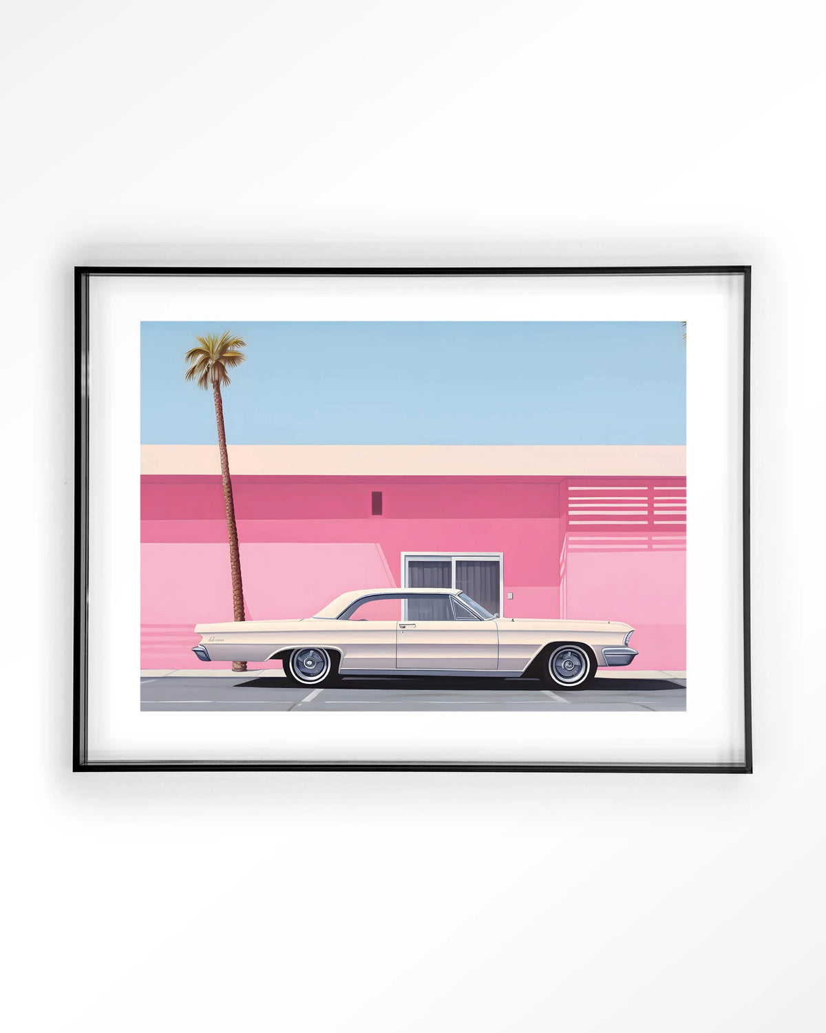 Hammer – roze huis met palmboom en auto – Art print – Acryl zwart