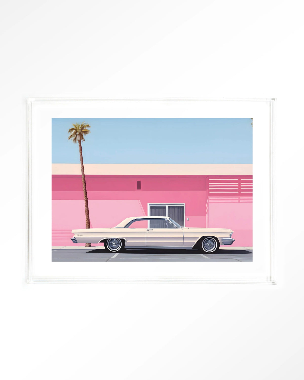 Hammer – roze huis met palmboom en auto – Art print – Acryl doorzichtig