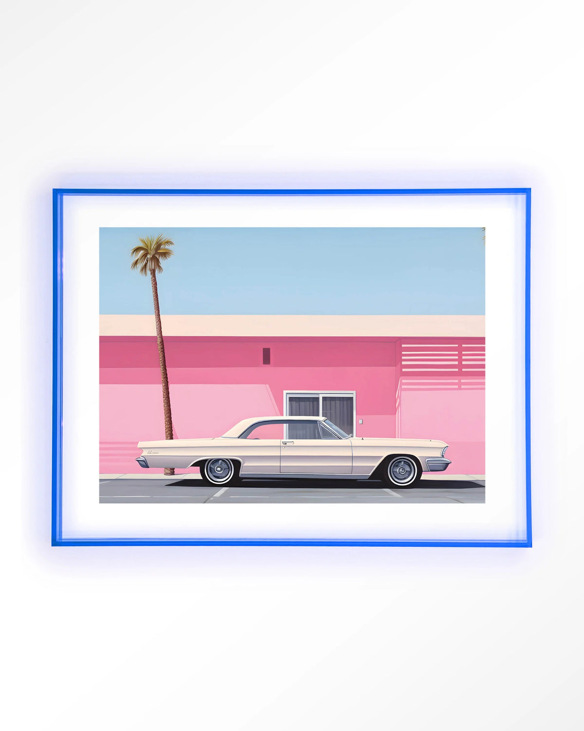 Hammer – roze huis met palmboom en auto – Art print – Acryl lichtblauw