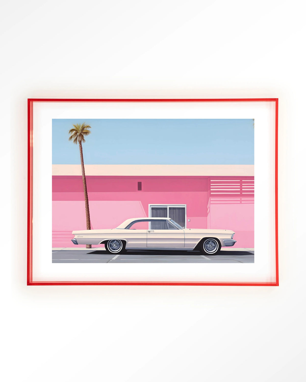 Hammer – roze huis met palmboom en auto – Art print – Acryl roze