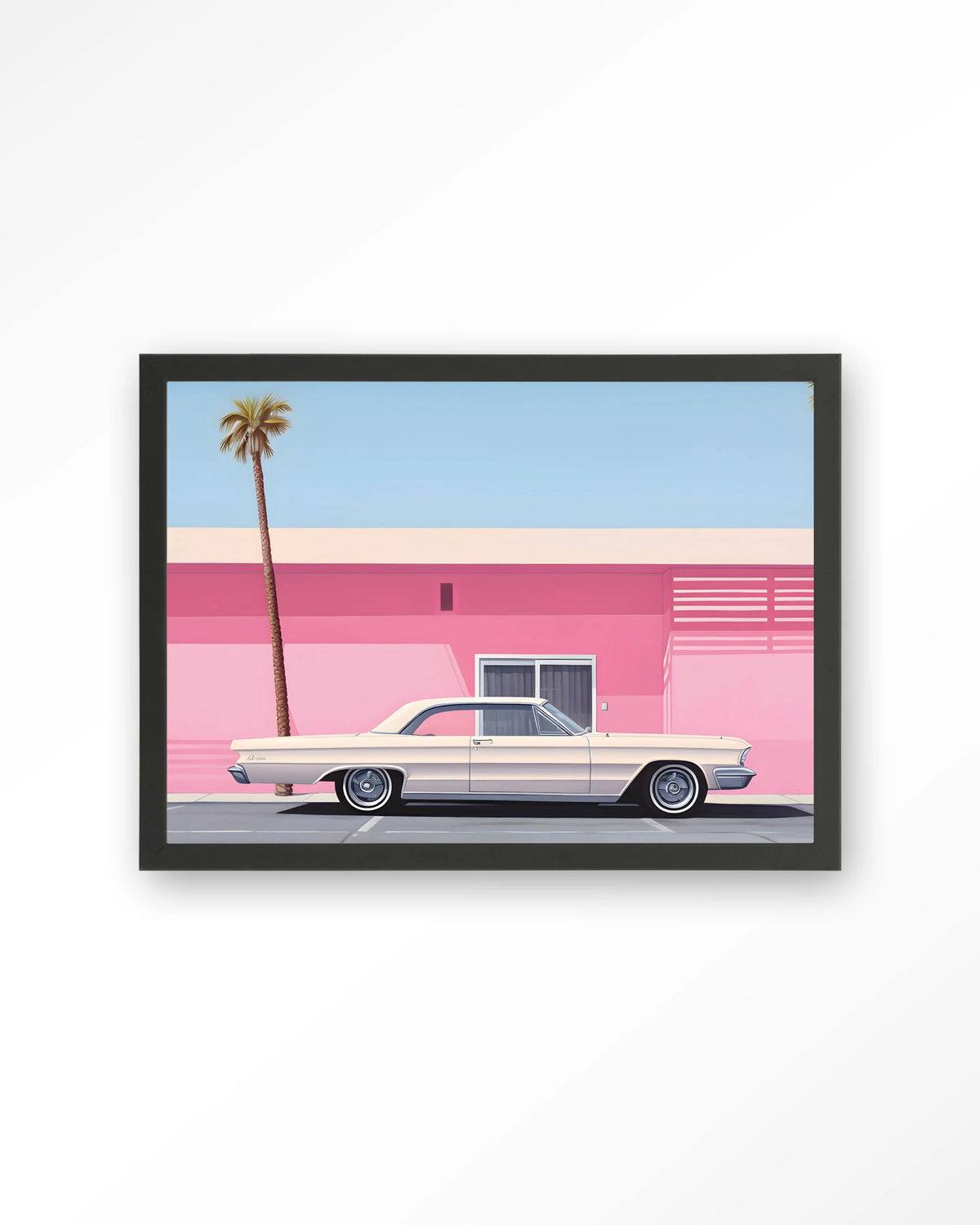 Hammer – roze huis met palmboom en auto – Art print – Hout zwart