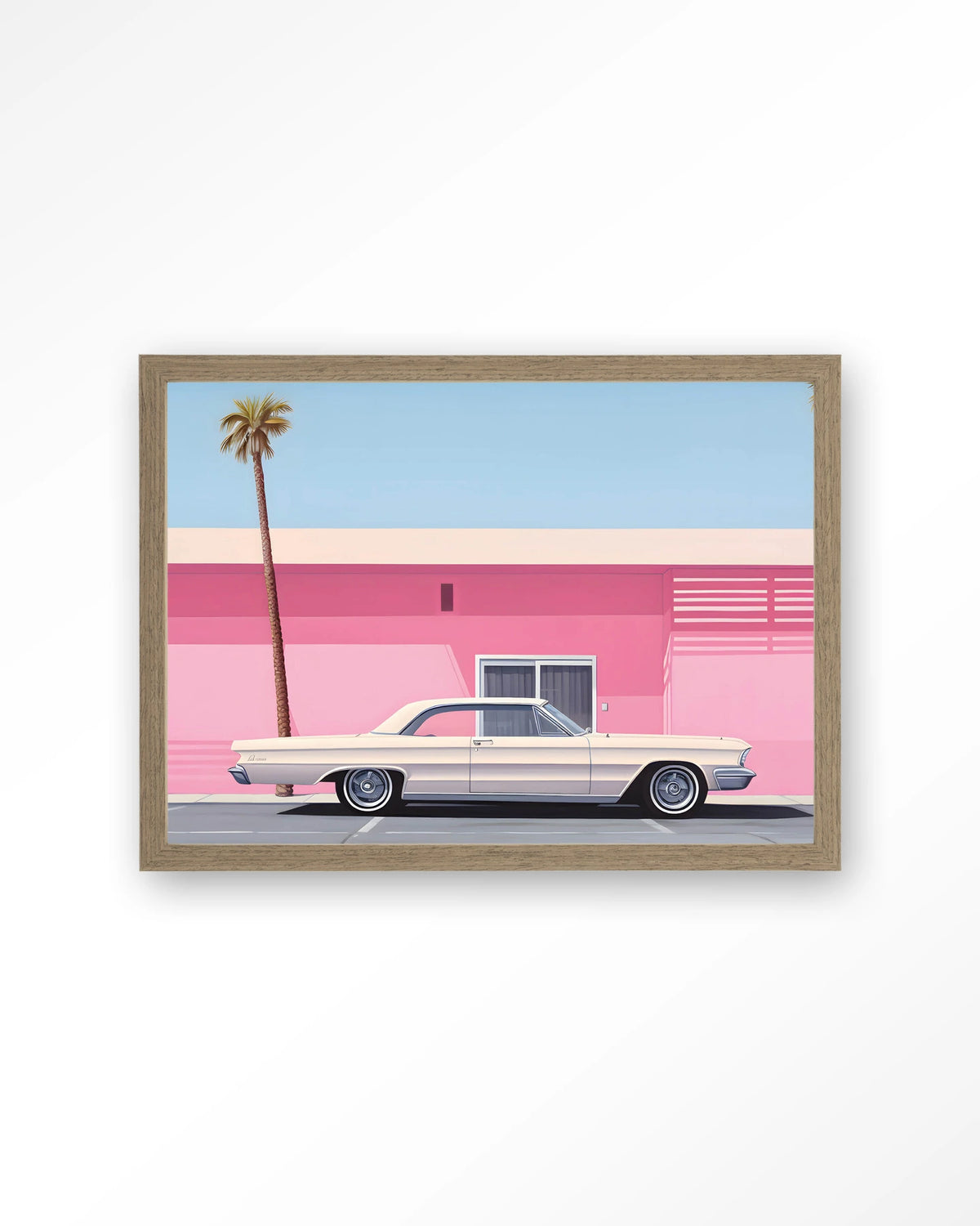 Hammer – roze huis met palmboom en auto – Art print – Hout bruin