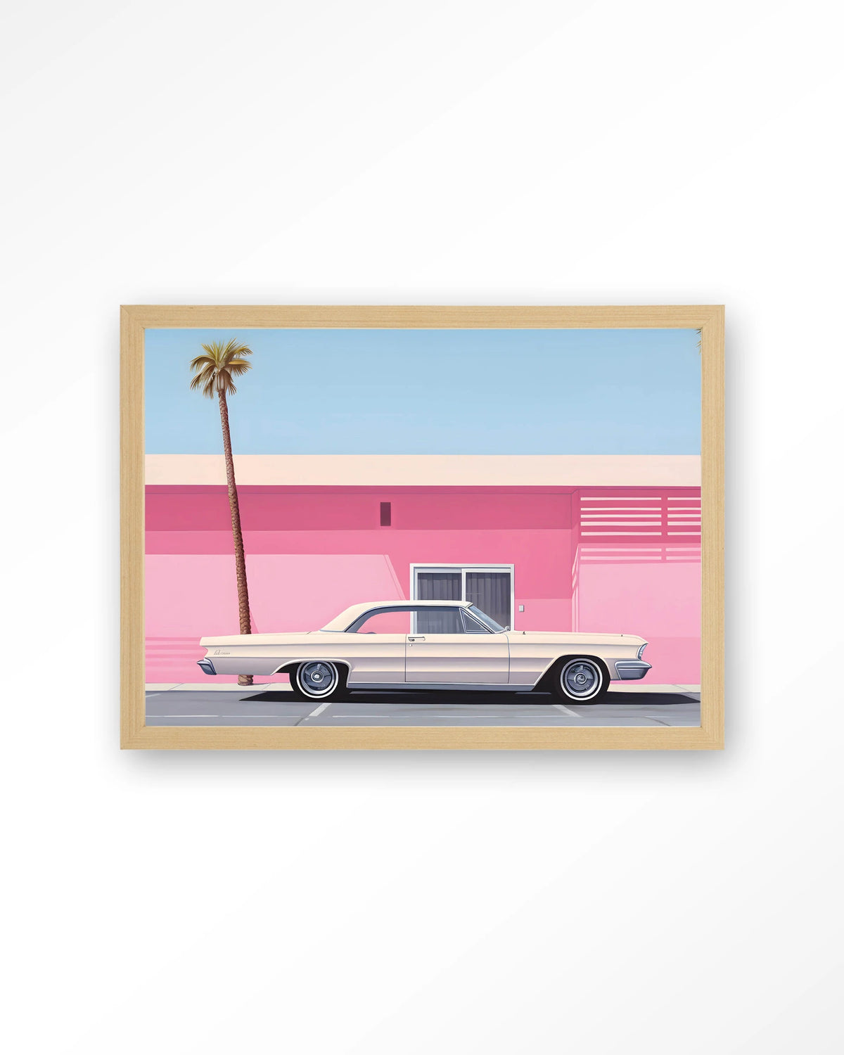 Hammer – roze huis met palmboom en auto – Art print – Hout naturel