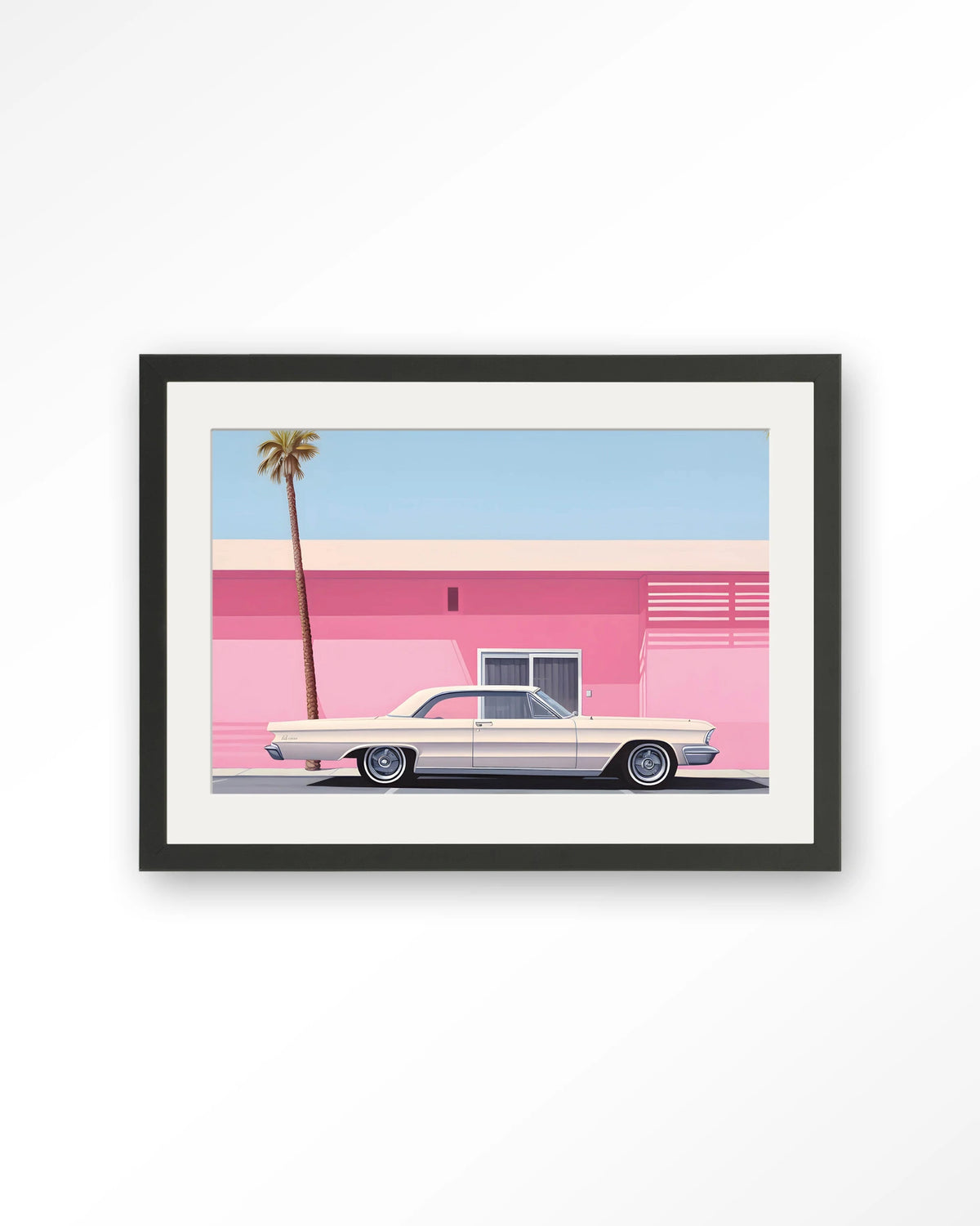 Hammer – roze huis met palmboom en auto – Art print – Hout zwart + passe-partout