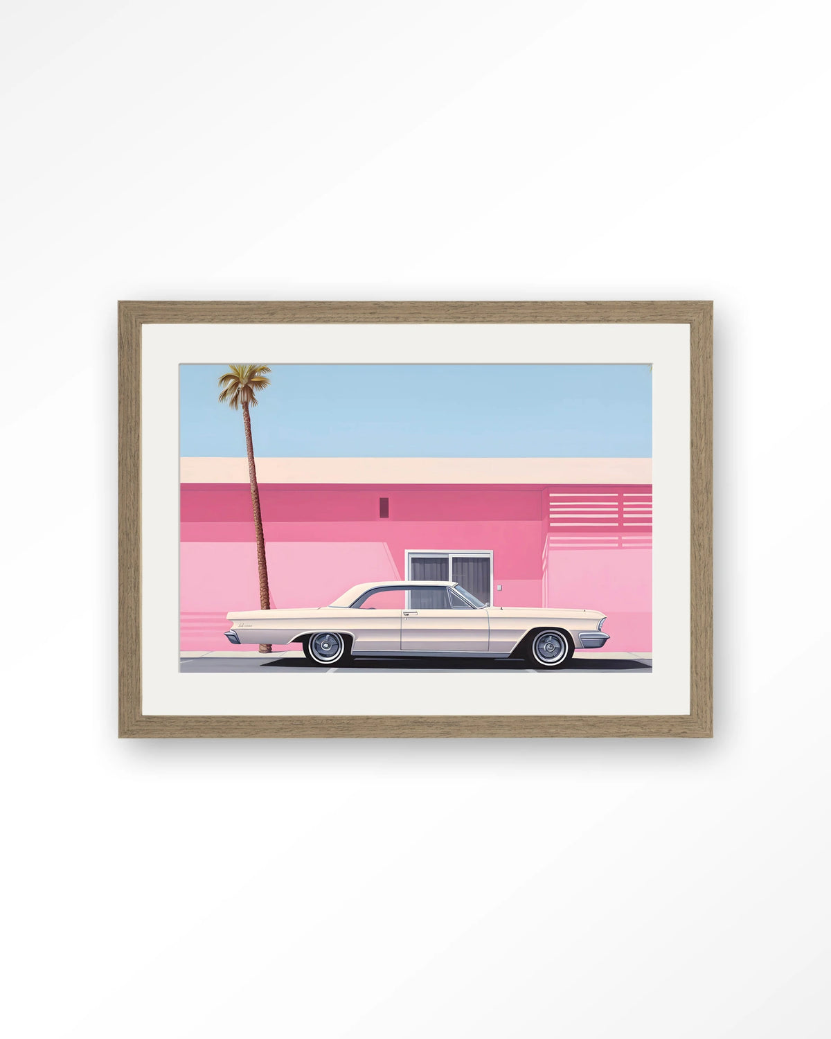 Hammer – roze huis met palmboom en auto – Art print – Hout bruin + passe-partout