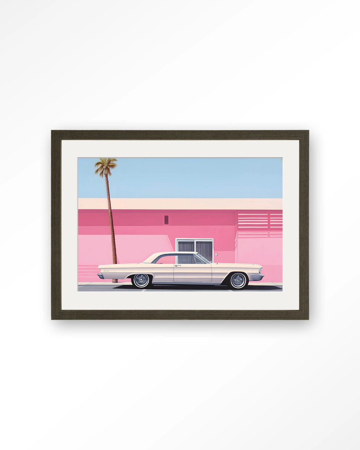 Hammer – roze huis met palmboom en auto – Art print – Hout donkerbruin + passe-partout
