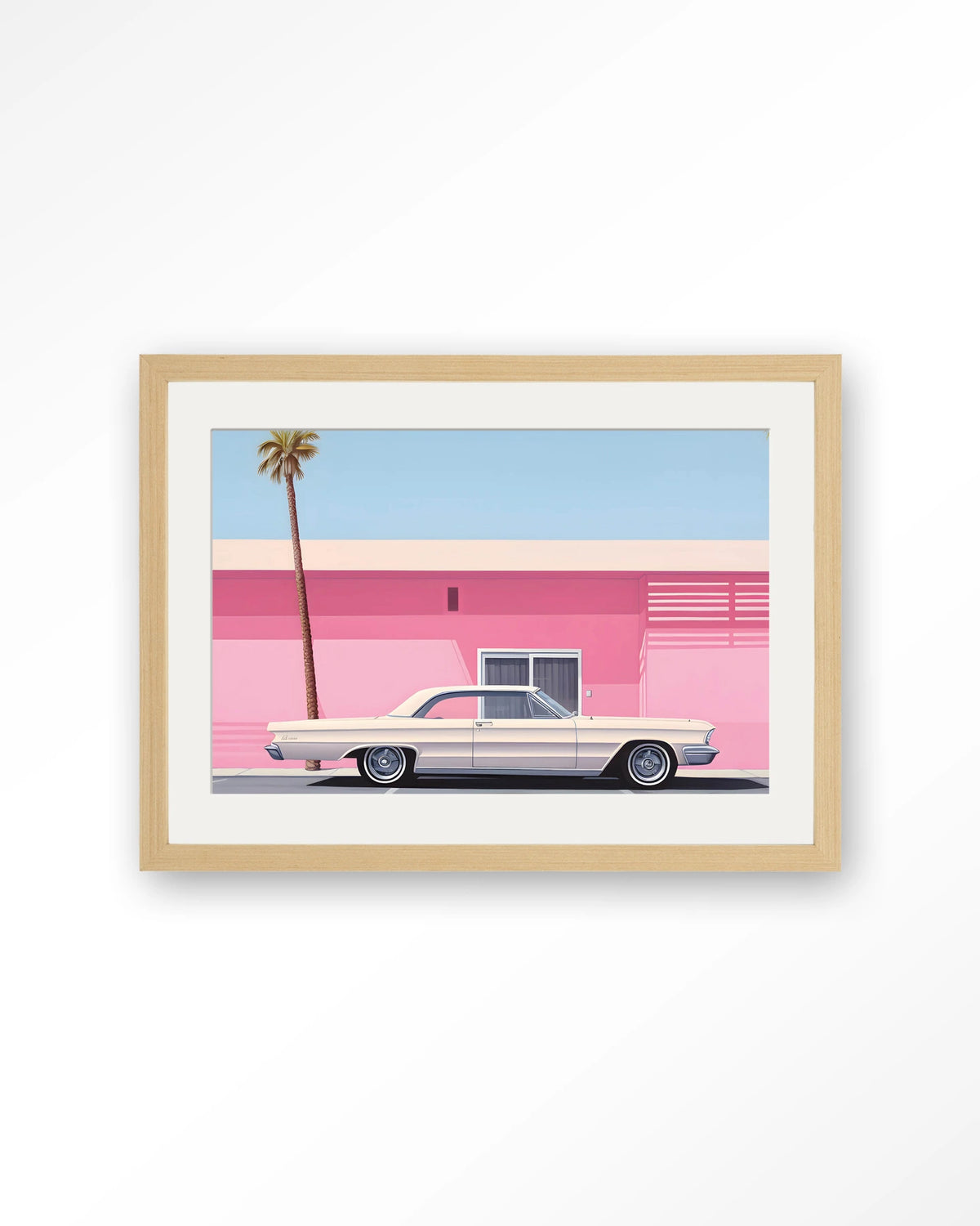 Hammer – roze huis met palmboom en auto – Art print – Hout naturel + passe-partout