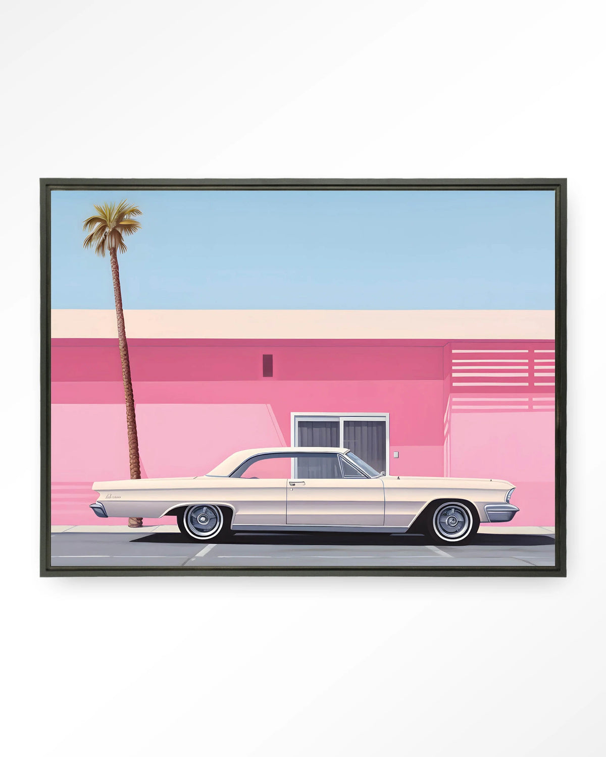 Hammer – roze huis met palmboom en auto – Wandkleed – Floating frame – zwart
