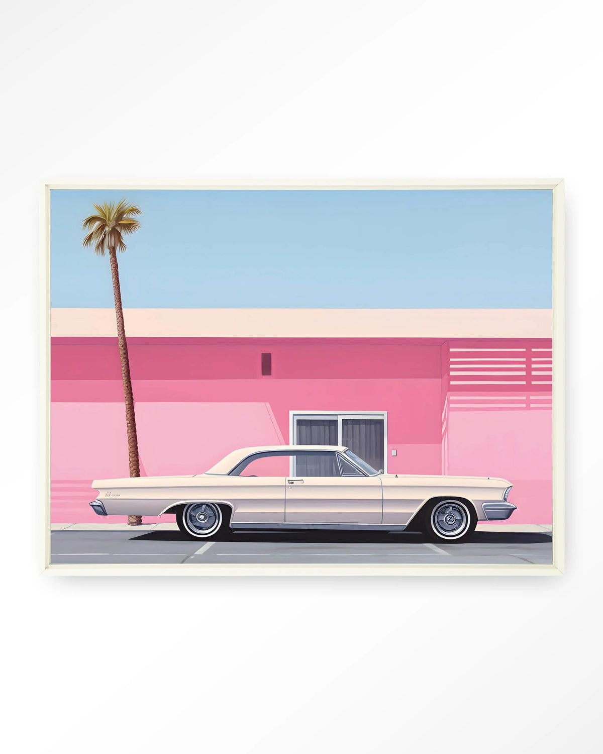 Hammer – roze huis met palmboom en auto – Wandkleed – Floating frame – wit