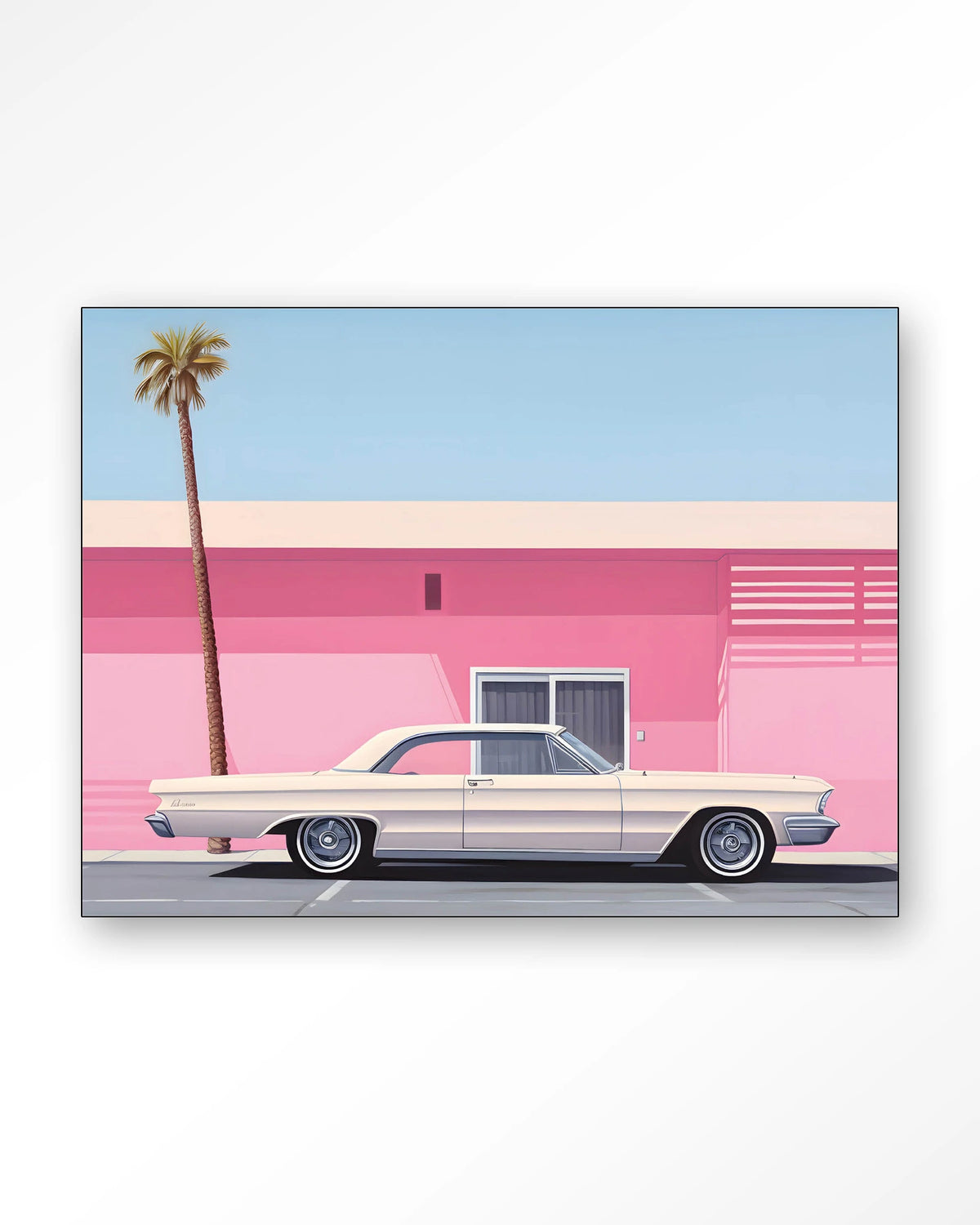 Hammer – roze huis met palmboom en auto – Wandkleed – Frame – zwart