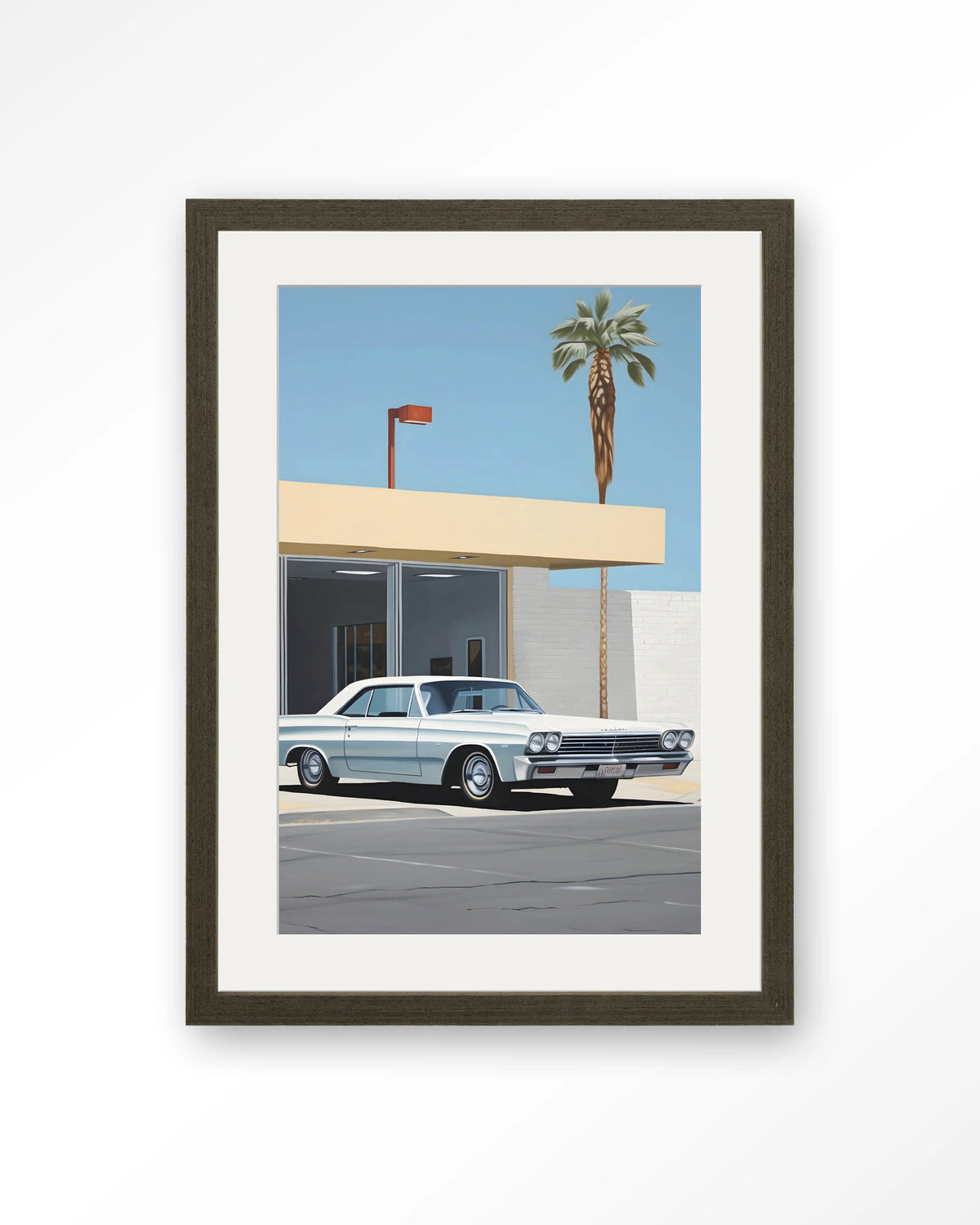 Vice – klassieke auto bij palmboom – Art print – Hout donkerbruin + passe-partout
