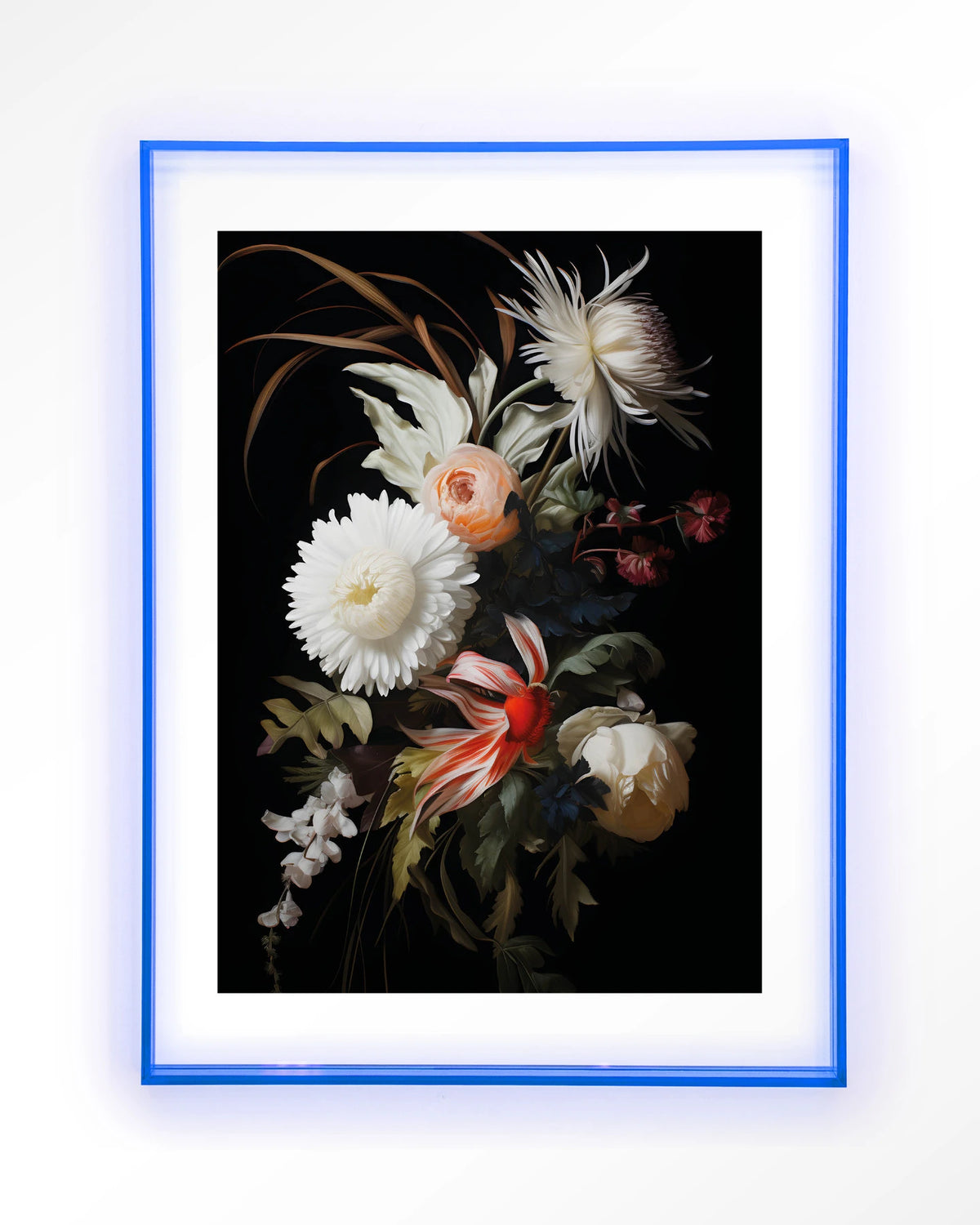 Flower selection – bloemen op zwarte achtergrond – Art print – Acryl lichtblauw