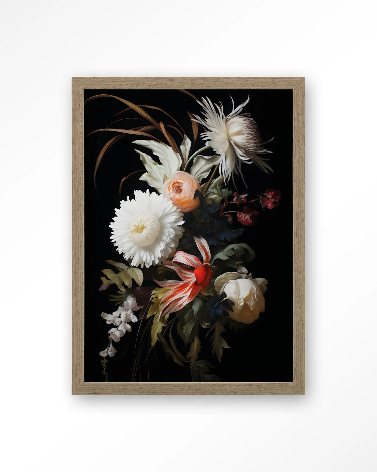 Flower selection – bloemen op zwarte achtergrond – Art print – Hout bruin