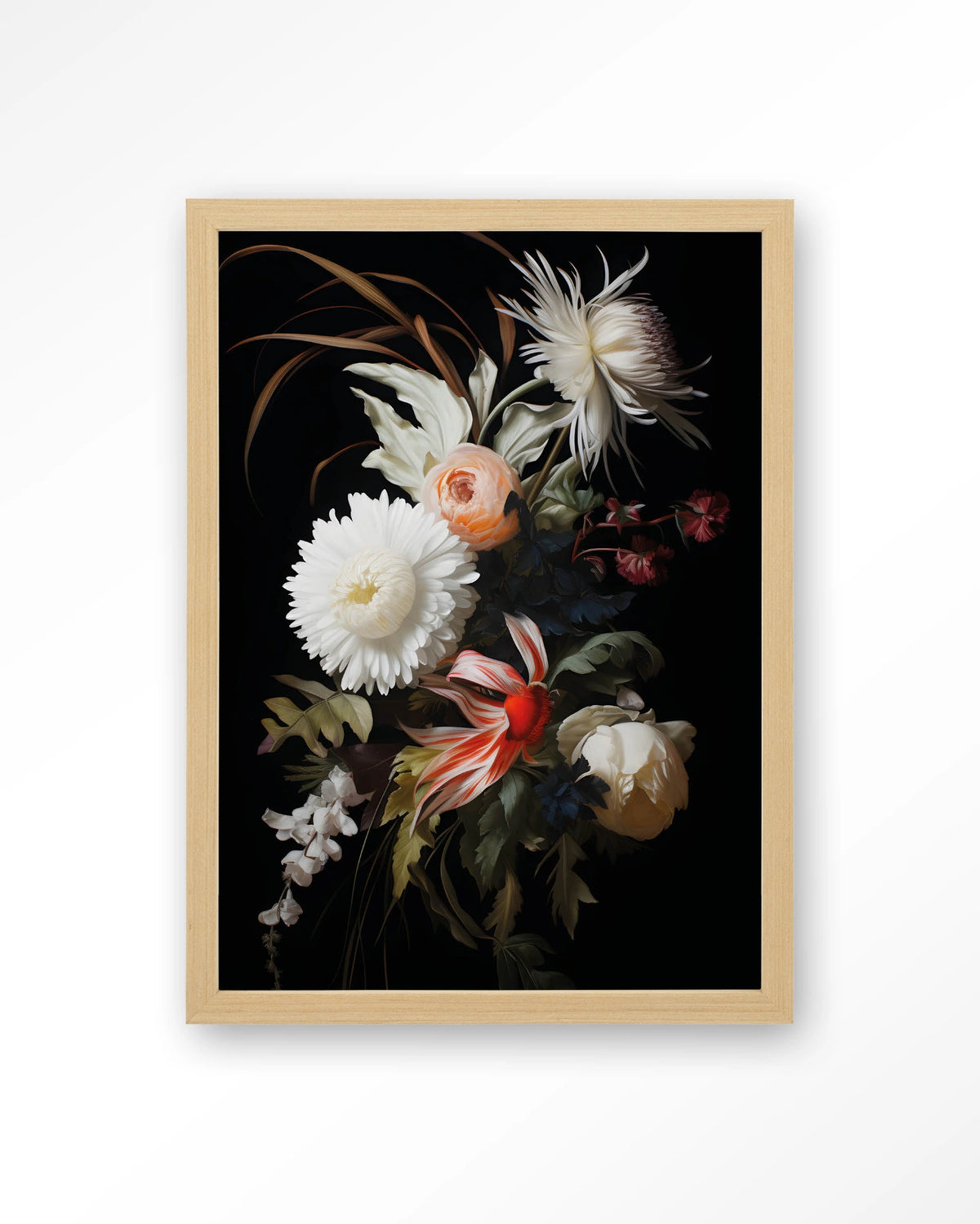 Flower selection – bloemen op zwarte achtergrond – Art print – Hout naturel
