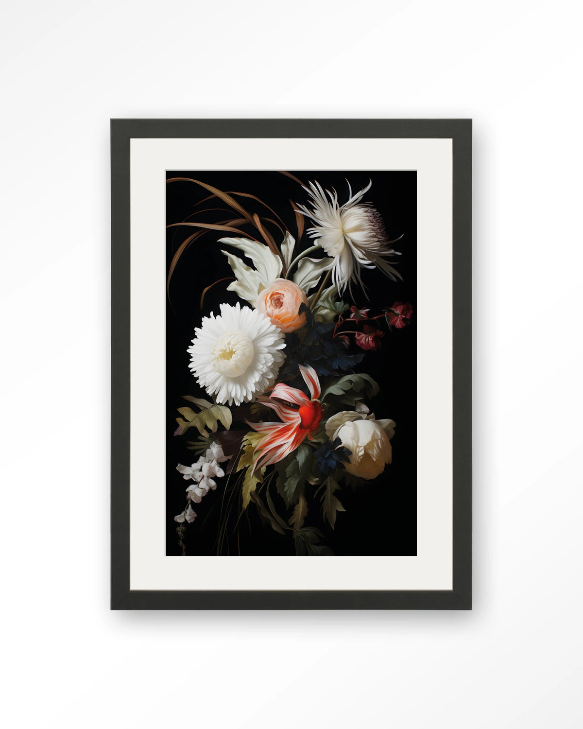 Flower selection – bloemen op zwarte achtergrond – Art print – Hout zwart + passe-partout