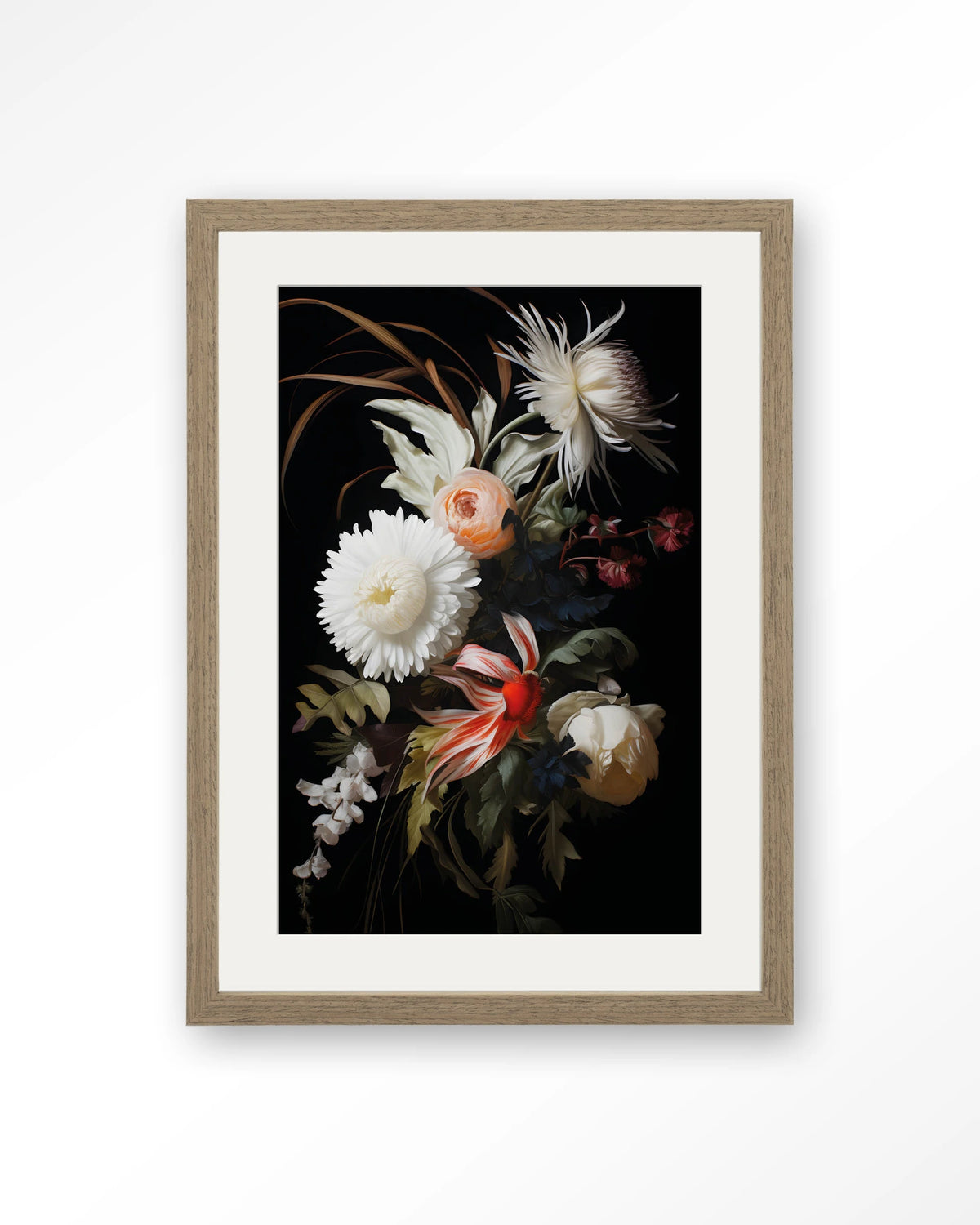 Flower selection – bloemen op zwarte achtergrond – Art print – Hout bruin + passe-partout