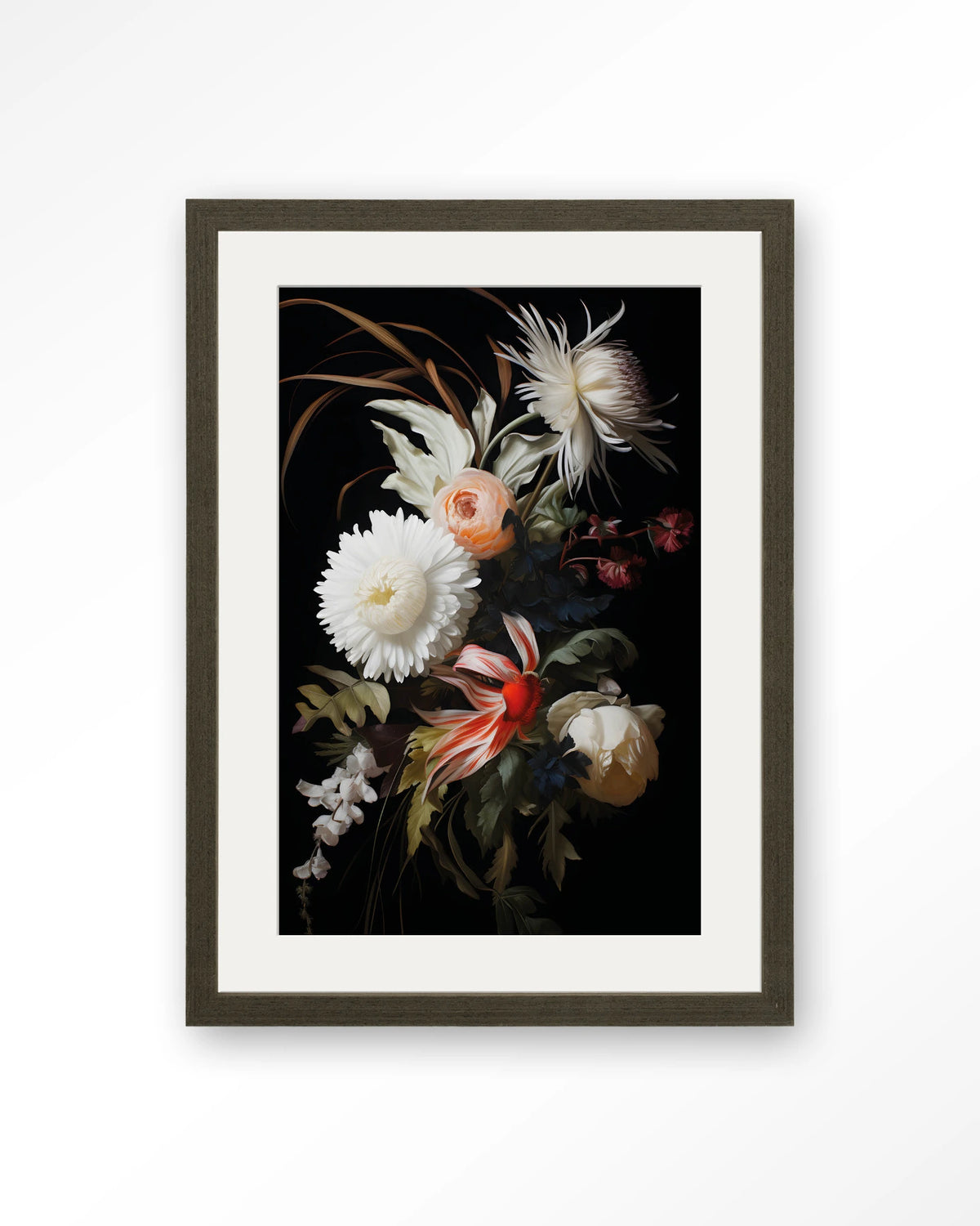 Flower selection – bloemen op zwarte achtergrond – Art print – Hout donkerbruin + passe-partout
