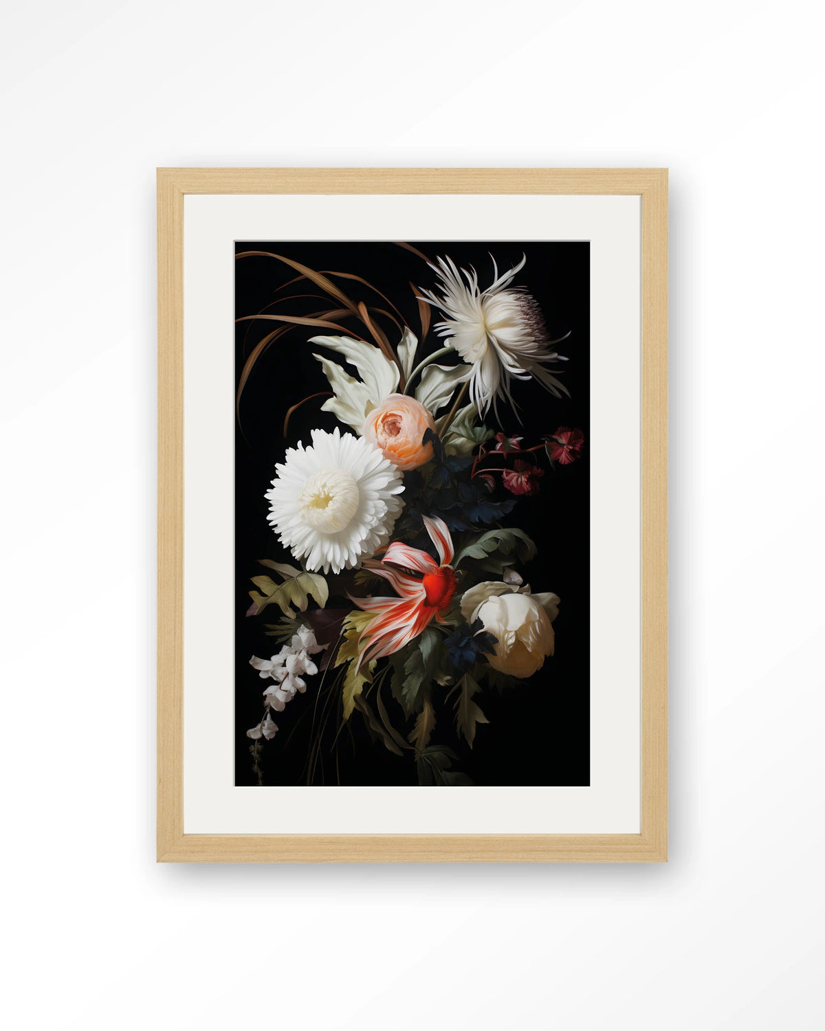 Flower selection – bloemen op zwarte achtergrond – Art print – Hout naturel + passe-partout