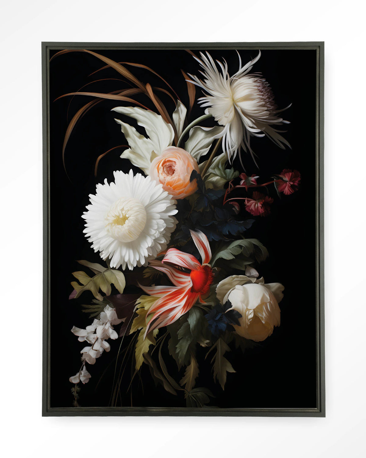 Flower selection – bloemen op zwarte achtergrond – Wandkleed – Floating frame – zwart