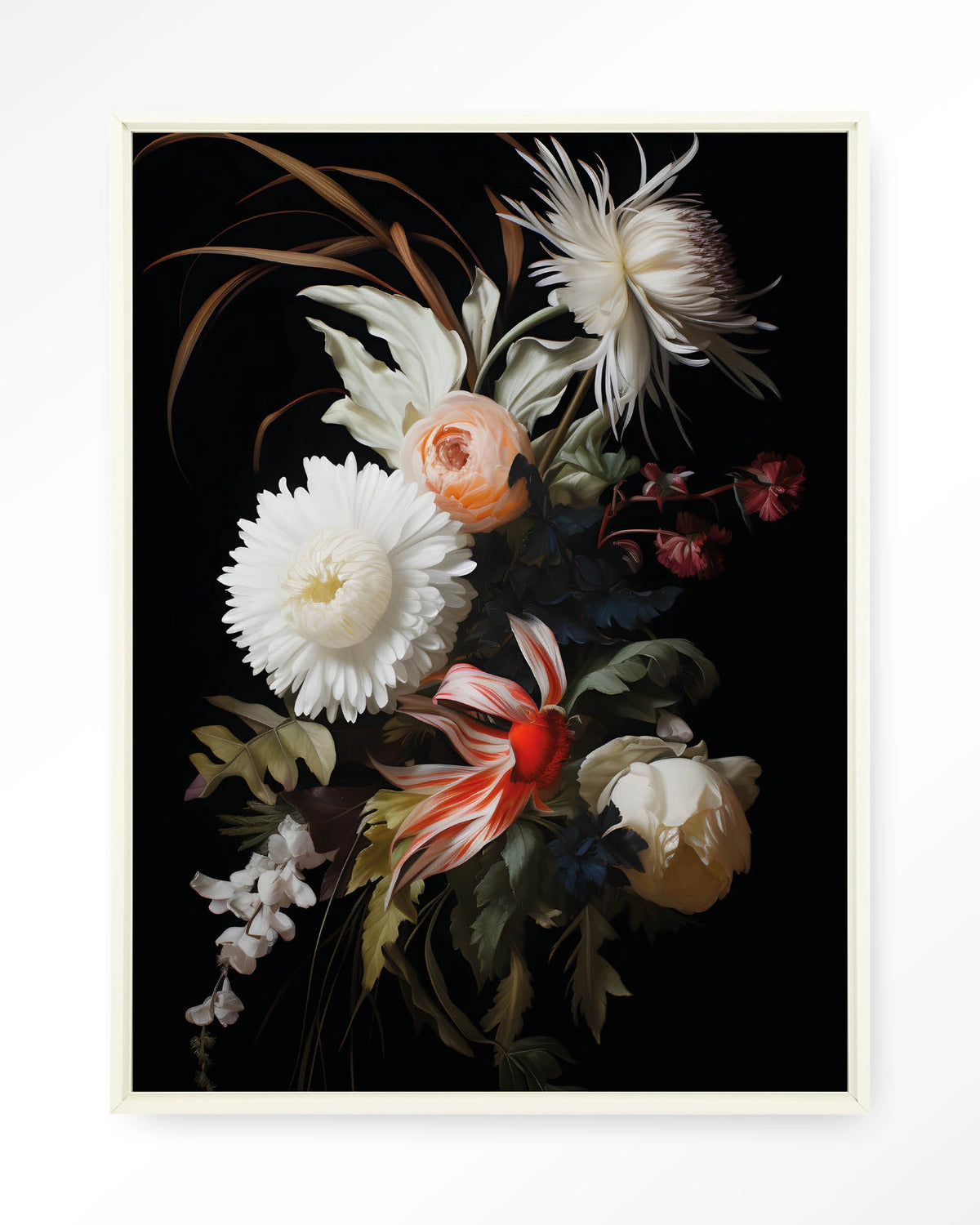 Flower selection – bloemen op zwarte achtergrond – Wandkleed – Floating frame – wit