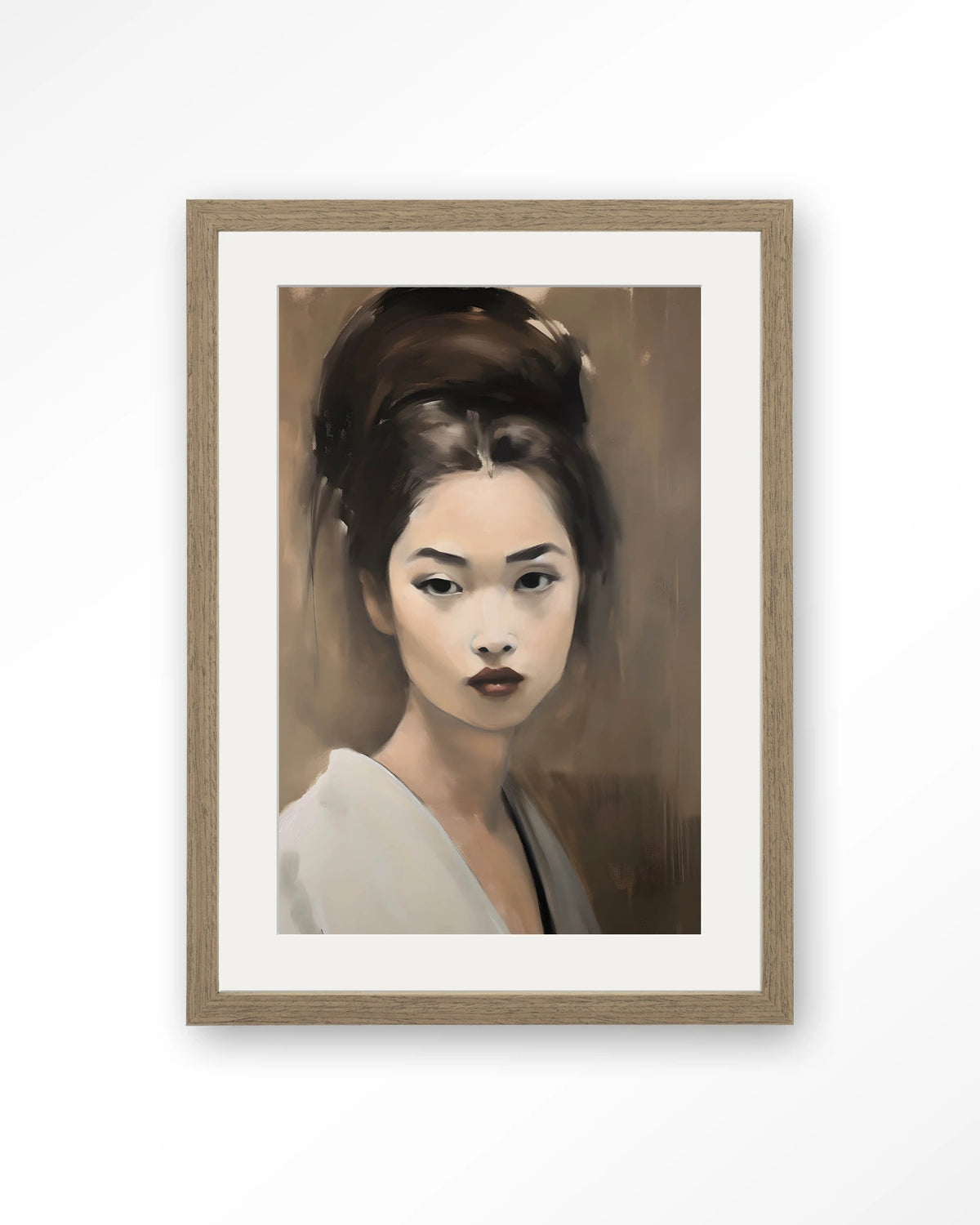 Adakachi – portret van een Aziatische vrouw – Art print – Hout bruin + passe-partout