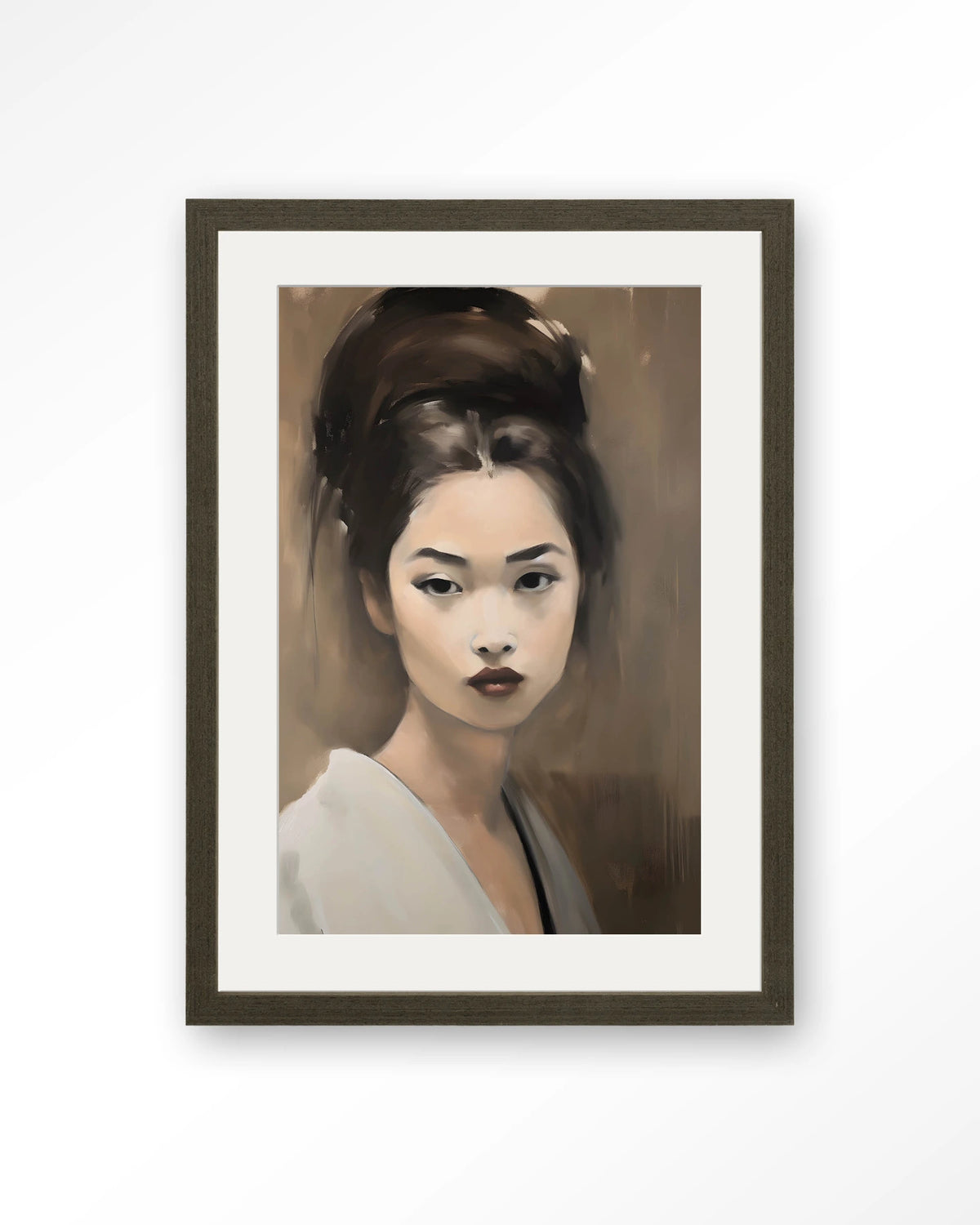 Adakachi – portret van een Aziatische vrouw – Art print – Hout donkerbruin + passe-partout