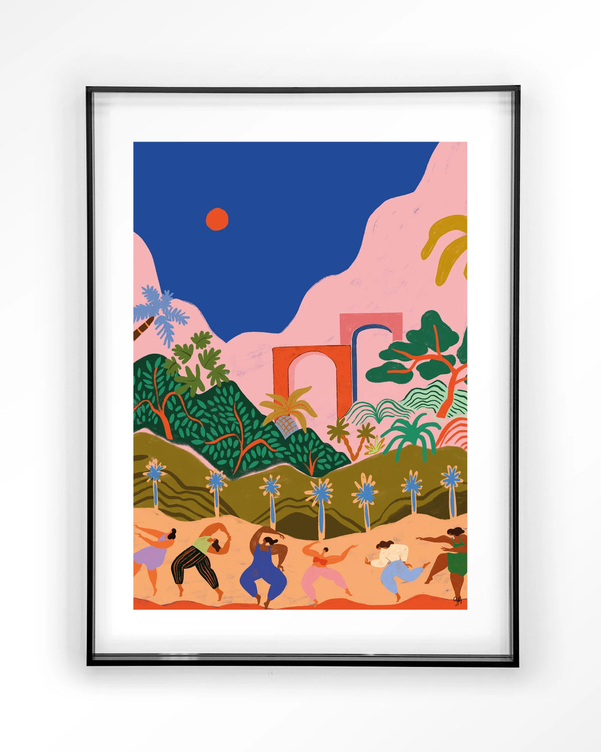 Dancing In Paradise – dansende mensen in tropisch landschap – Art print – Acryl zwart