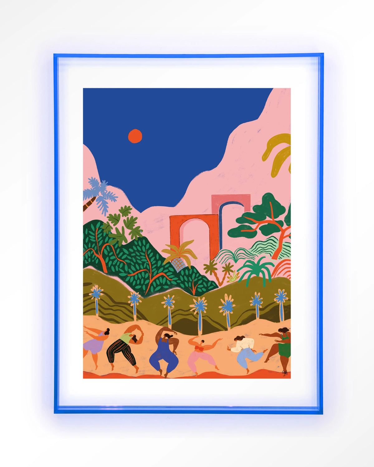 Dancing In Paradise – dansende mensen in tropisch landschap – Art print – Acryl lichtblauw