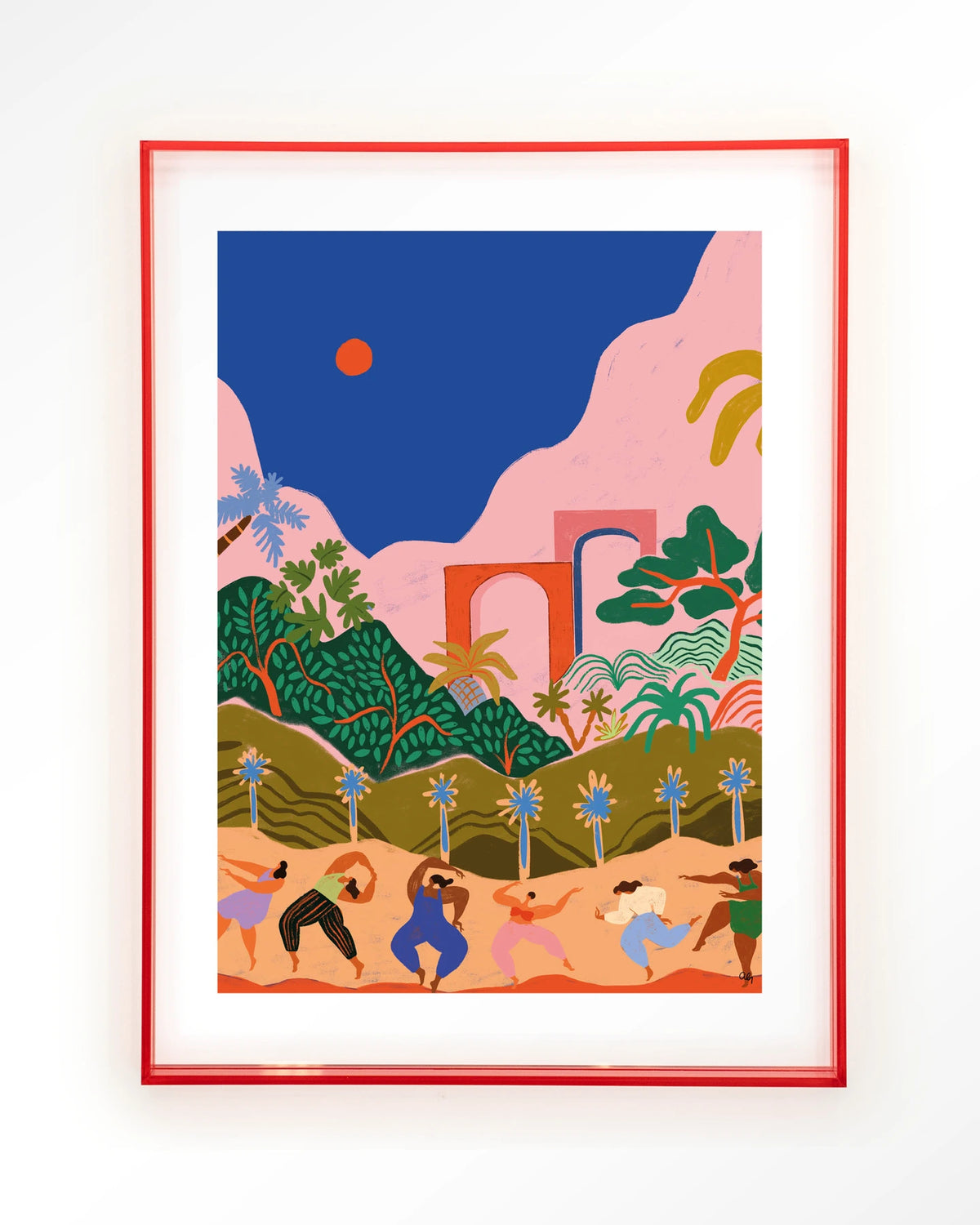 Dancing In Paradise – dansende mensen in tropisch landschap – Art print – Acryl roze