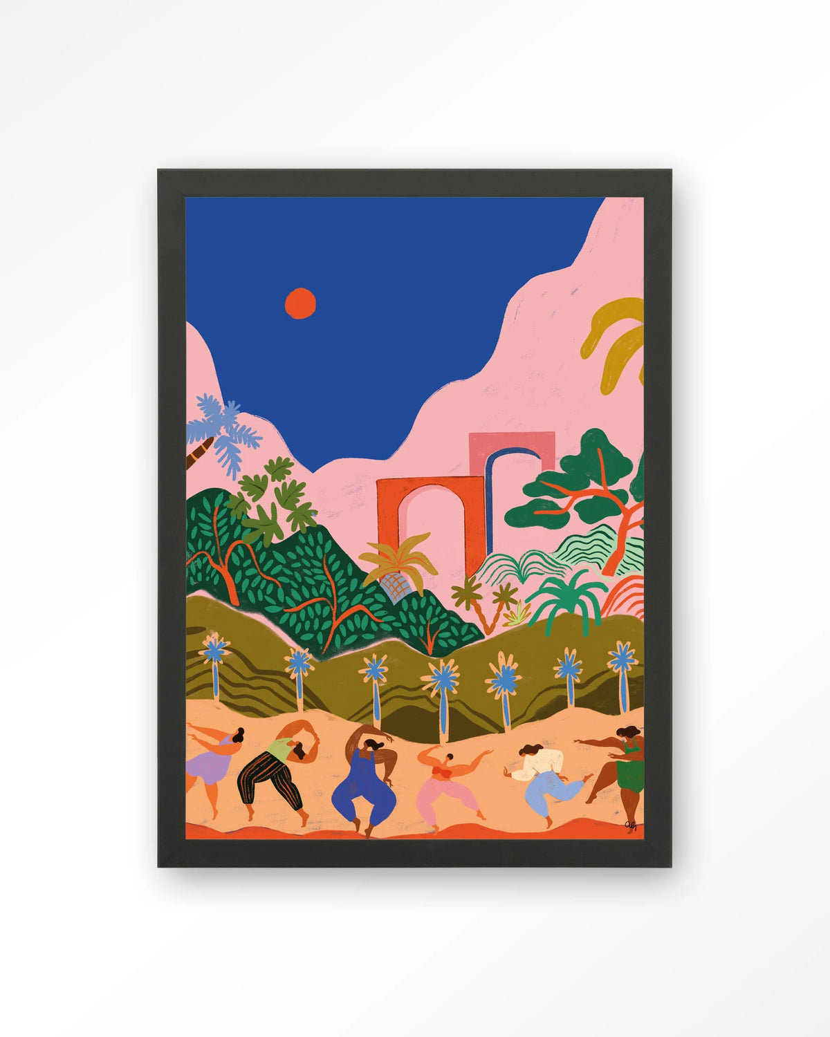 Dancing In Paradise – dansende mensen in tropisch landschap – Art print – Hout zwart