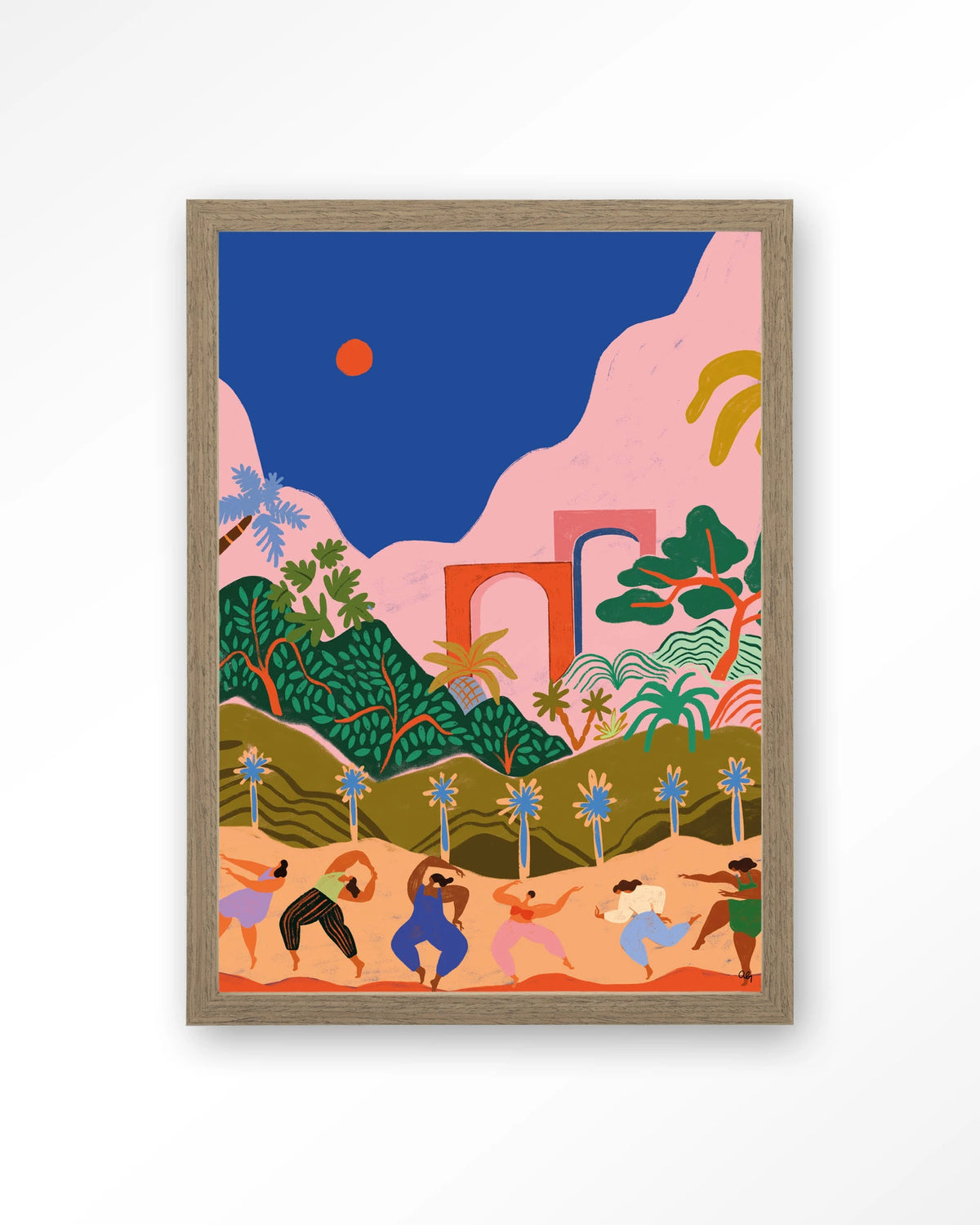 Dancing In Paradise – dansende mensen in tropisch landschap – Art print – Hout bruin