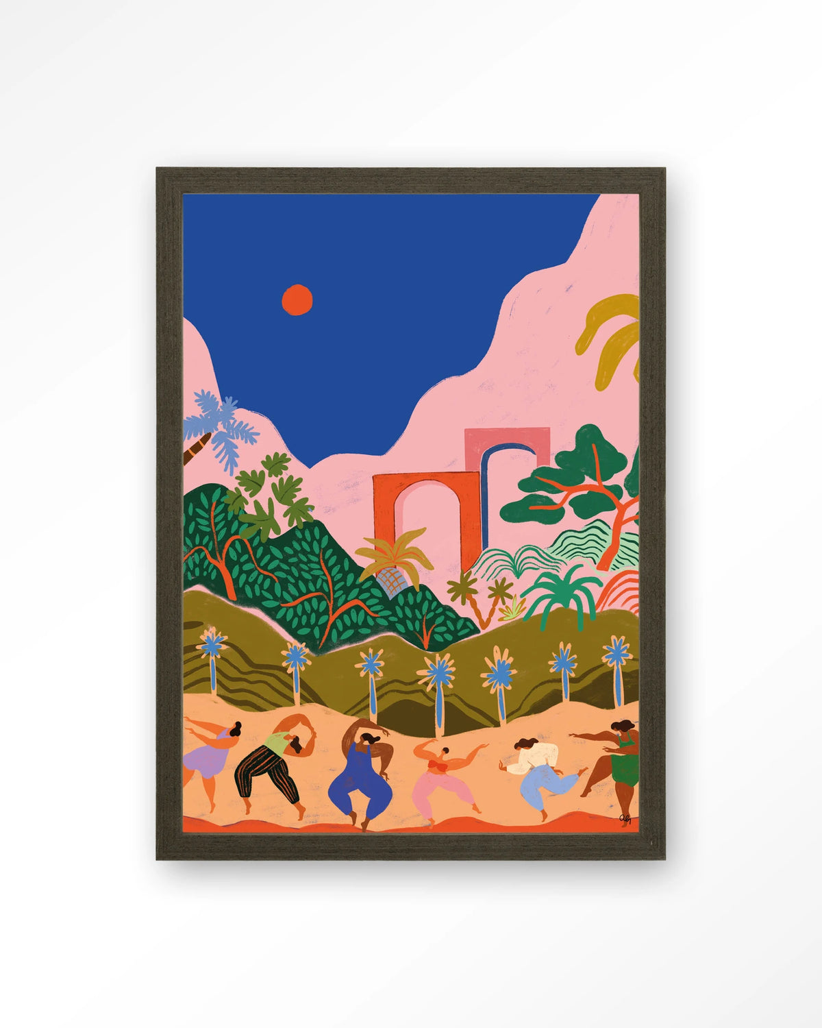 Dancing In Paradise – dansende mensen in tropisch landschap – Art print – Hout donkerbruin