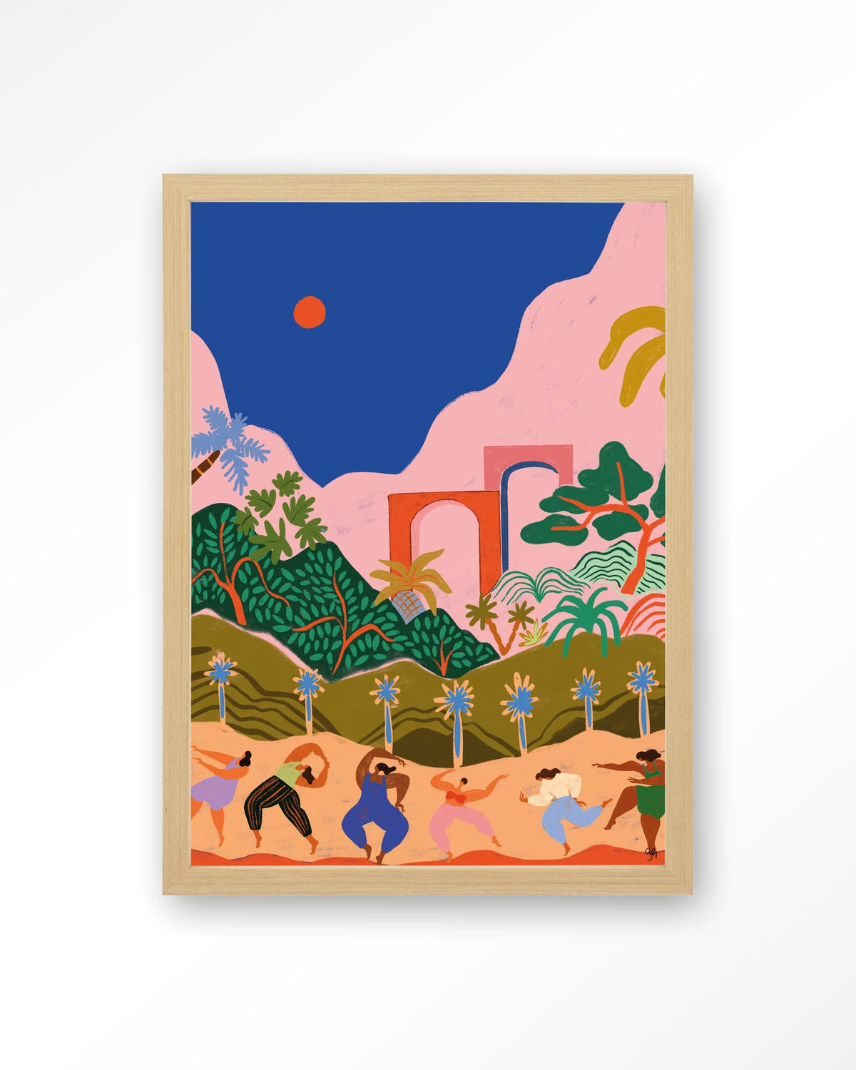 Dancing In Paradise – dansende mensen in tropisch landschap – Art print – Hout naturel