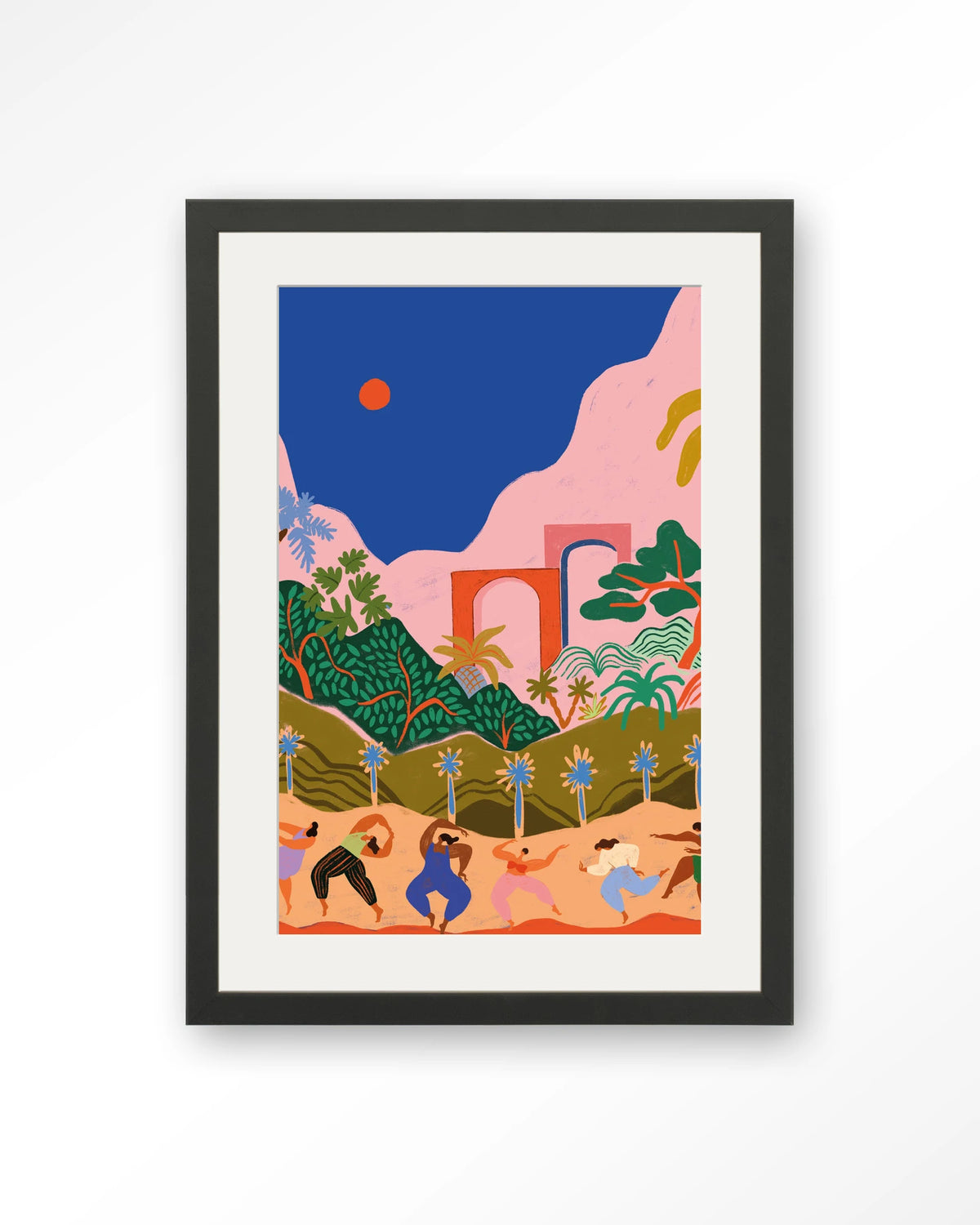 Dancing In Paradise – dansende mensen in tropisch landschap – Art print – Hout zwart + passe-partout