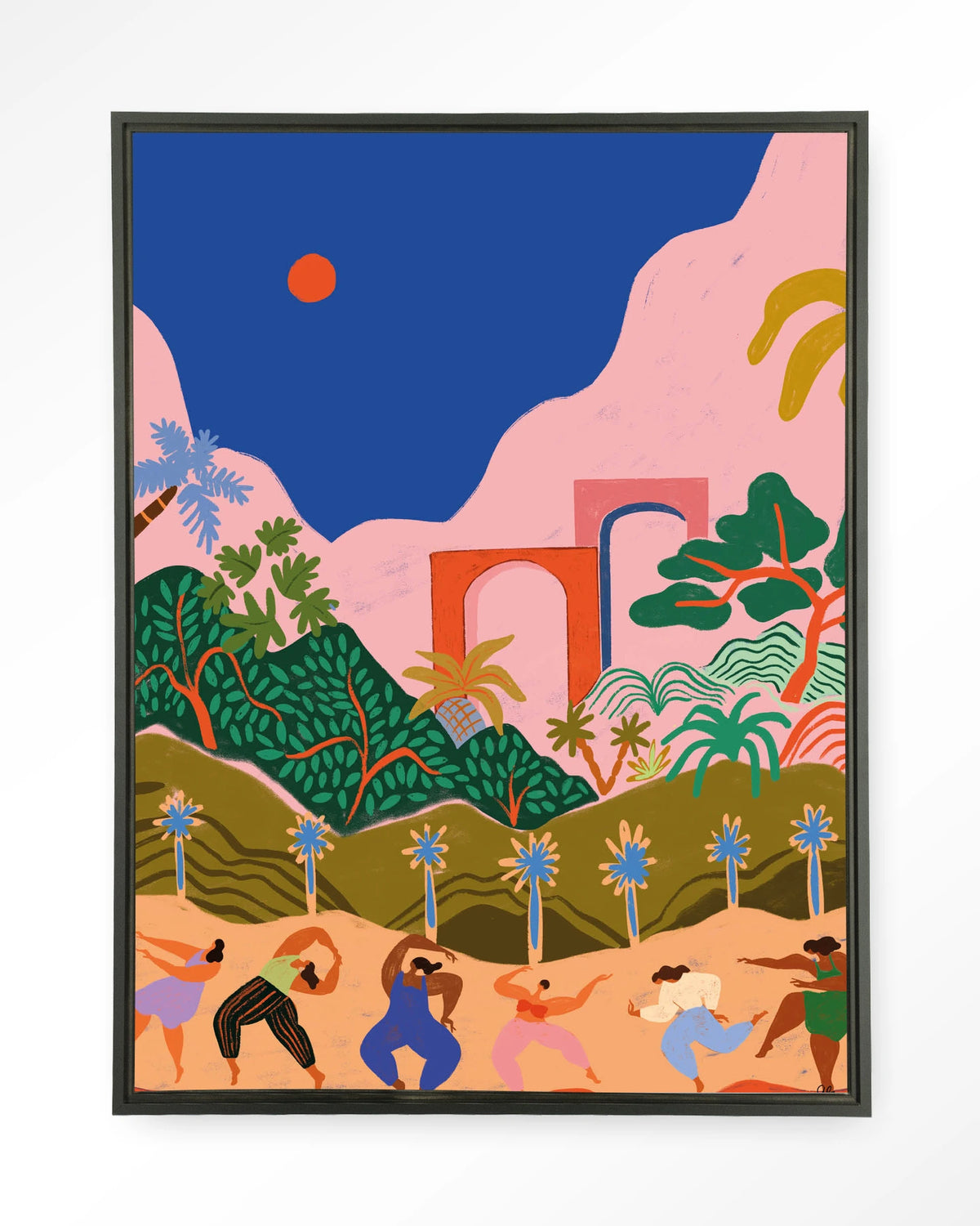Dancing In Paradise – dansende mensen in tropisch landschap – Wandkleed – Floating frame – zwart