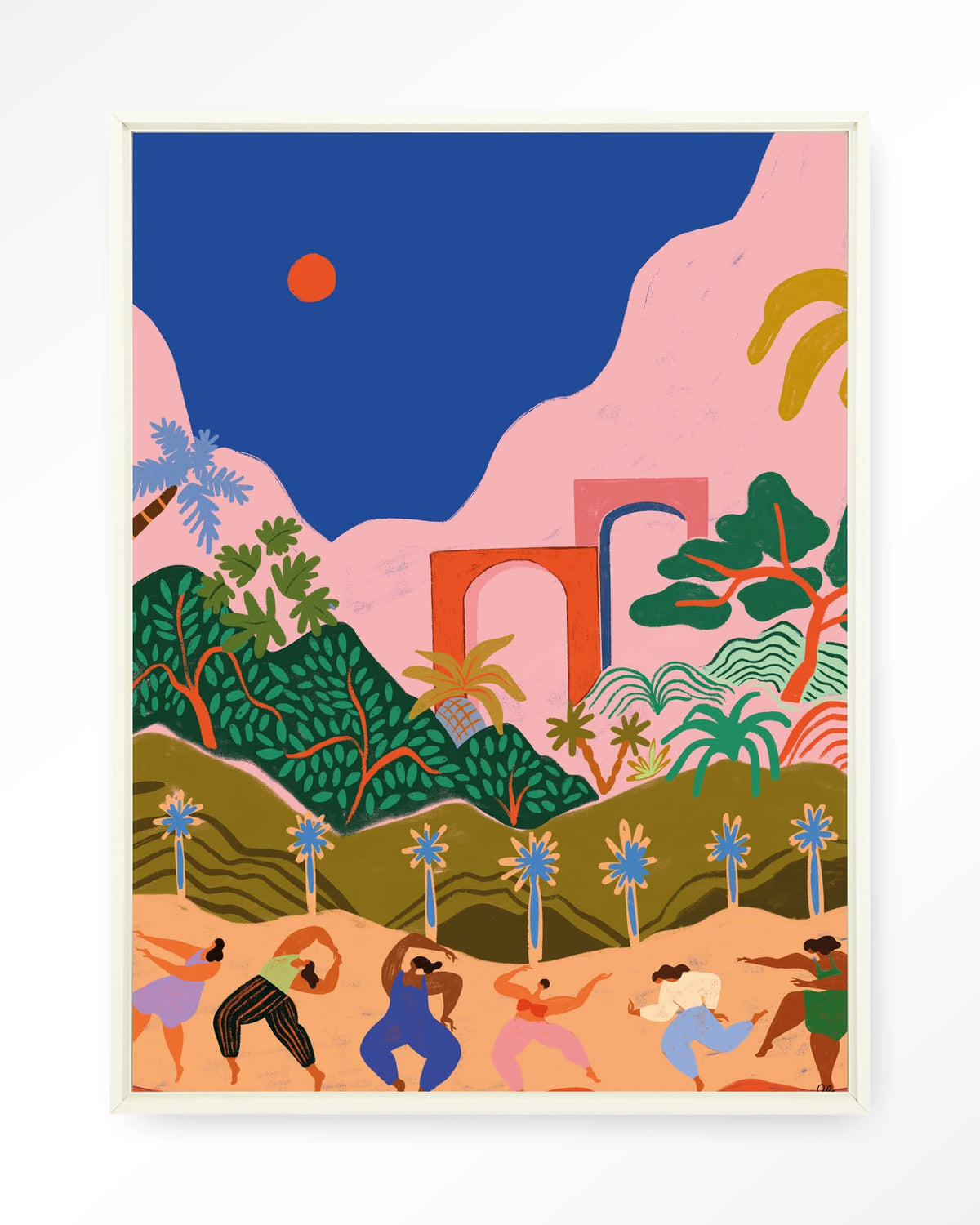 Dancing In Paradise – dansende mensen in tropisch landschap – Wandkleed – Floating frame – wit