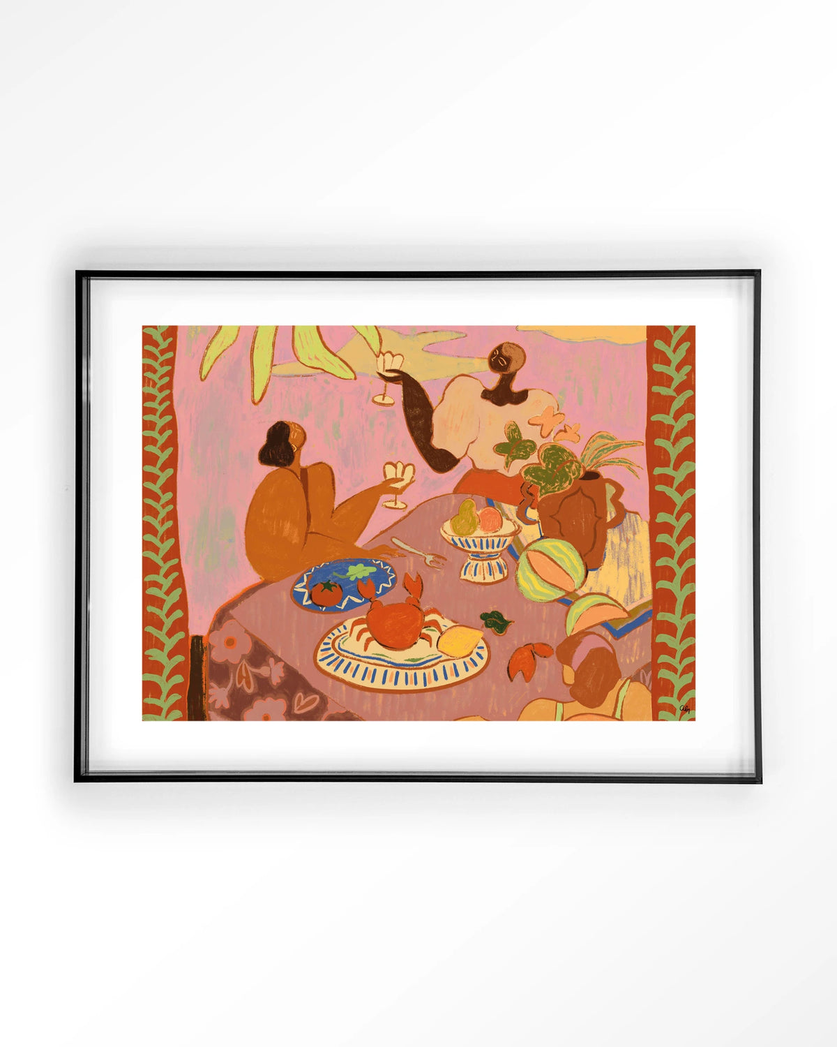 Lunch with the ladies – lunch aan tafel in roze – Art print – Acryl zwart